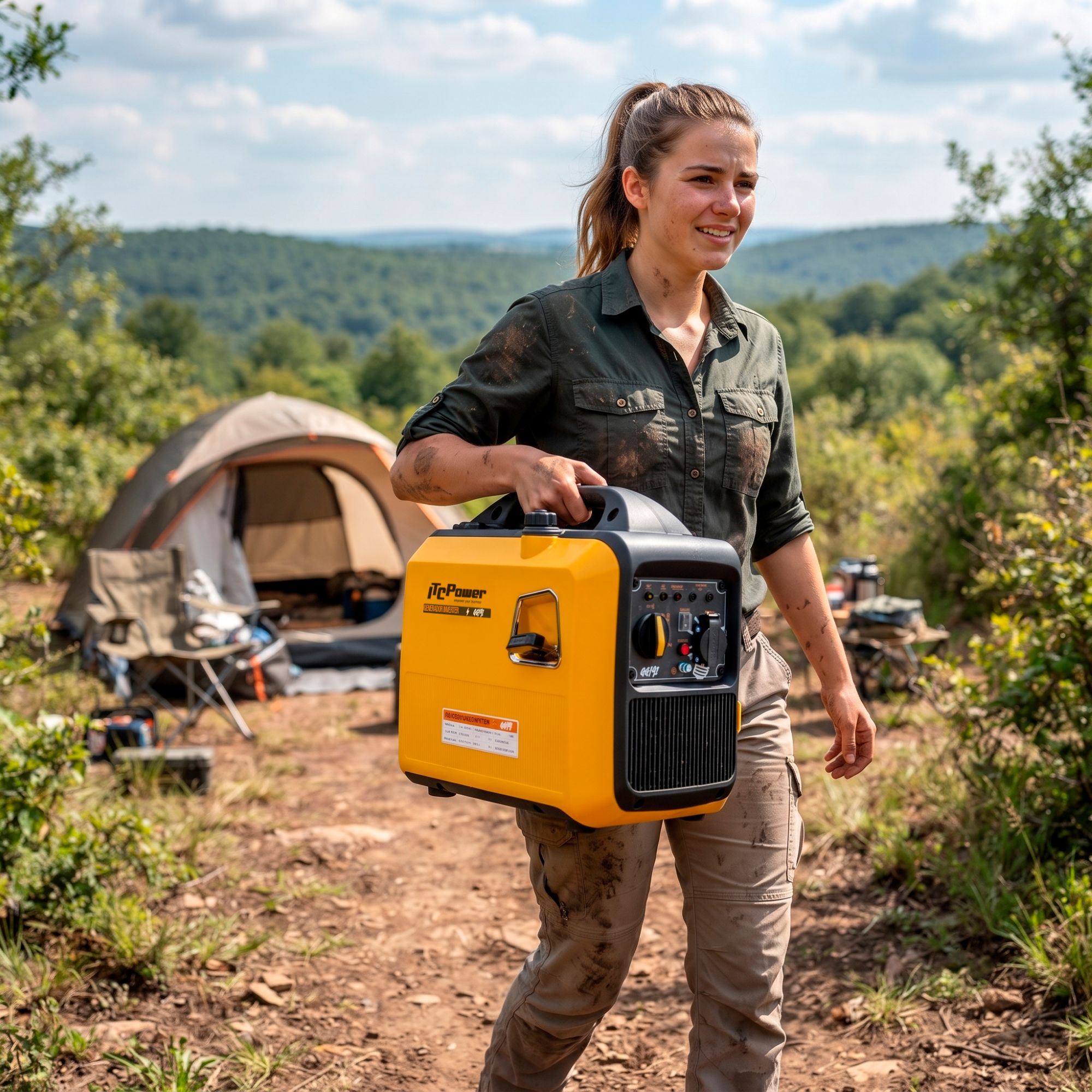 Una mujer lleva un generador amarillo en un bosque con una tienda de campaña al fondo.