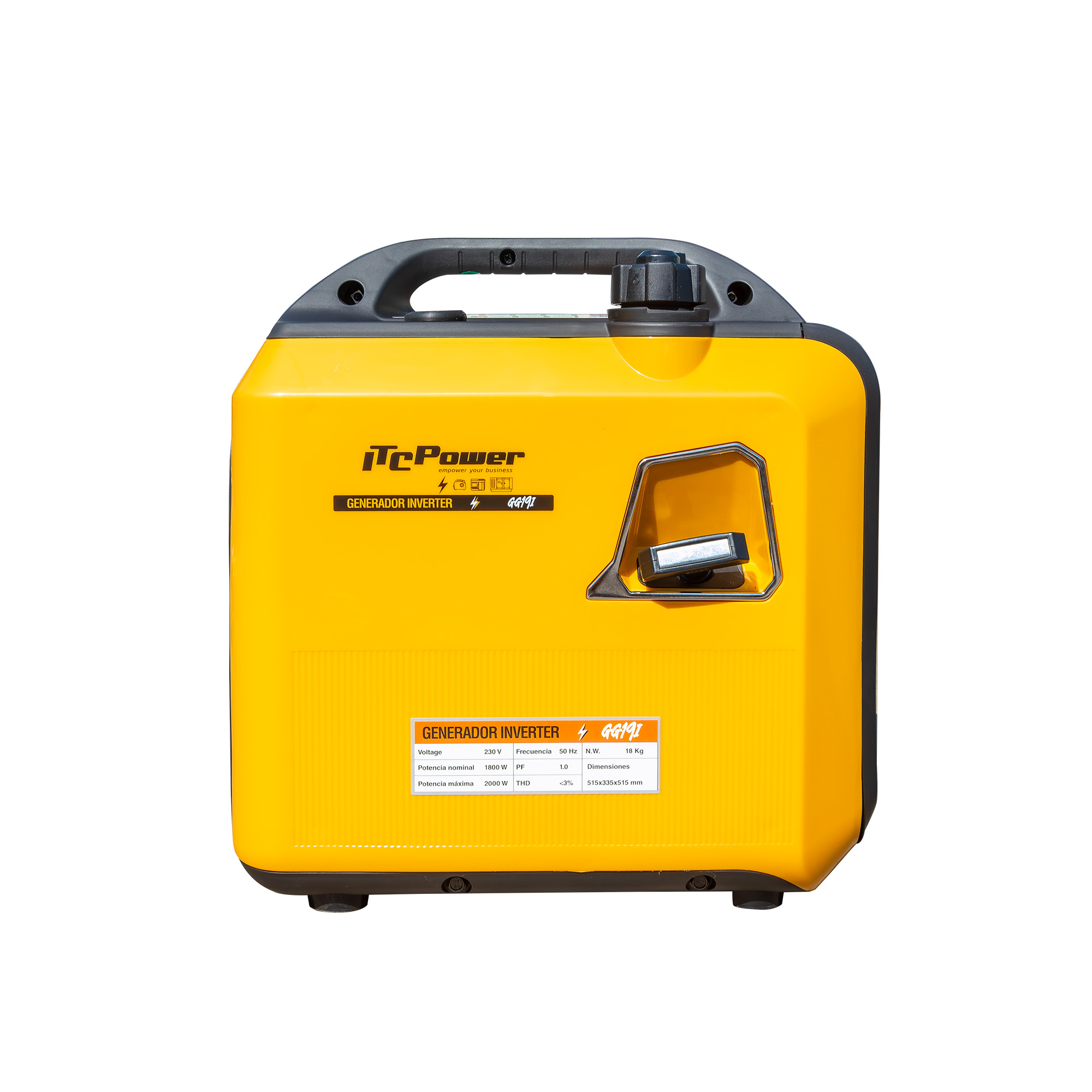 Un generador amarillo y negro con etiqueta de especificaciones técnicas.