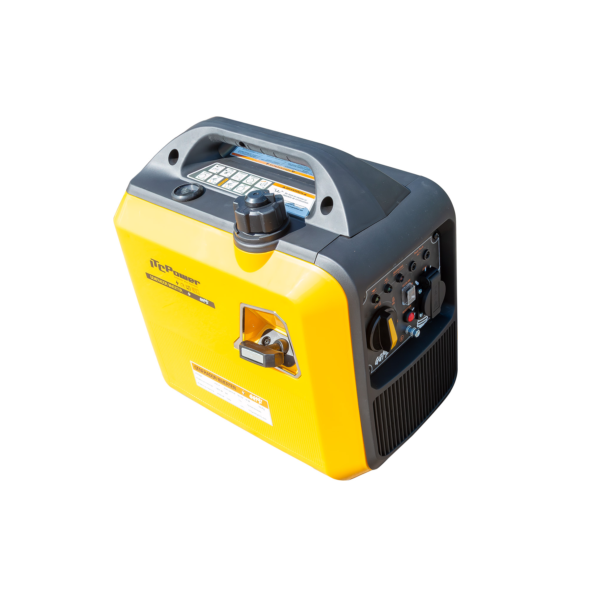 Un generador inversor amarillo y gris con asa y controles.