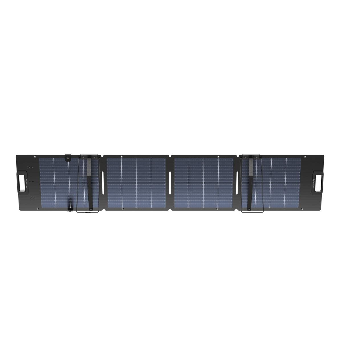Panel solar plegable de cinco secciones, marco negro y soportes plateados.
