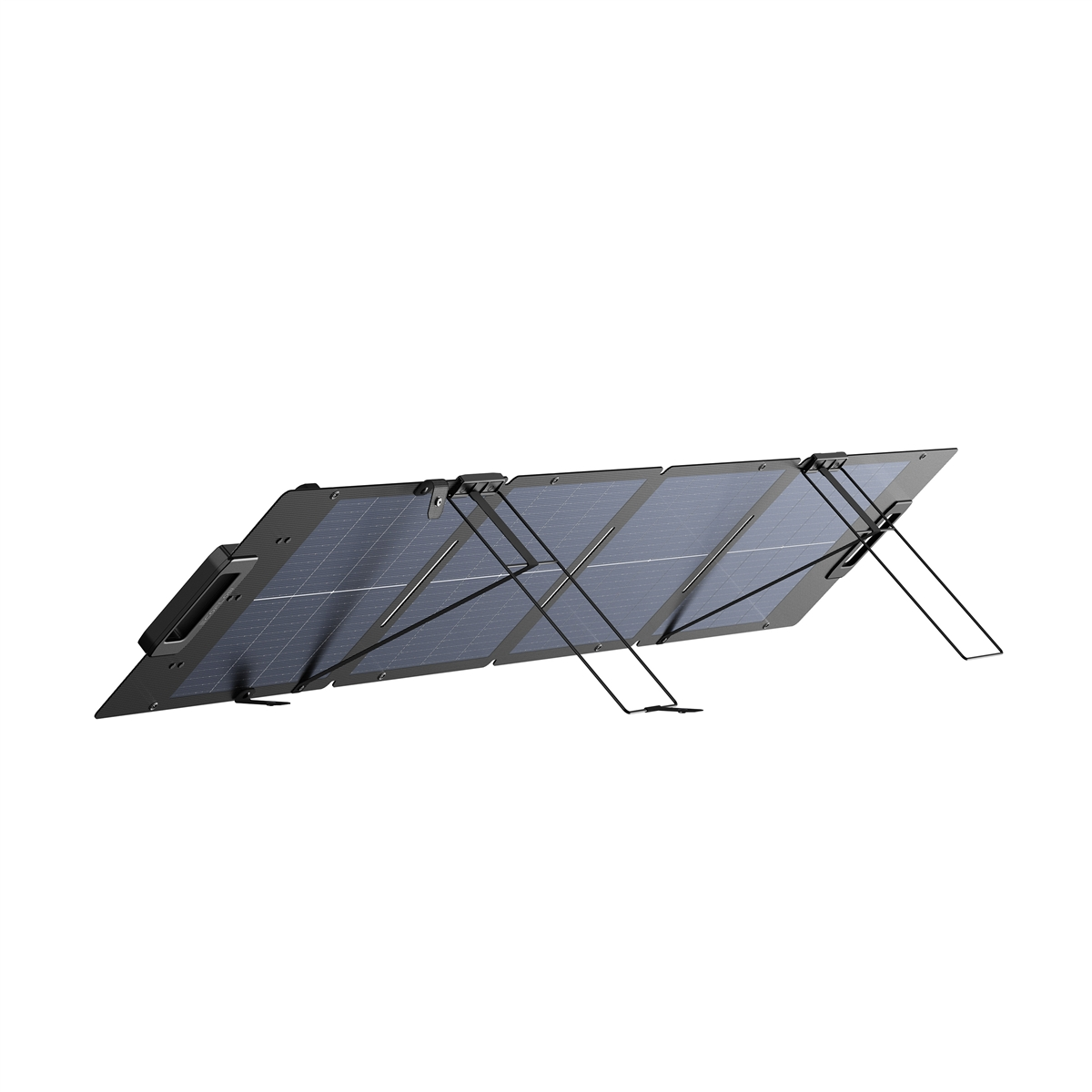 Un panel solar portátil desplegado con cuatro paneles oscuros y soportes plateados.