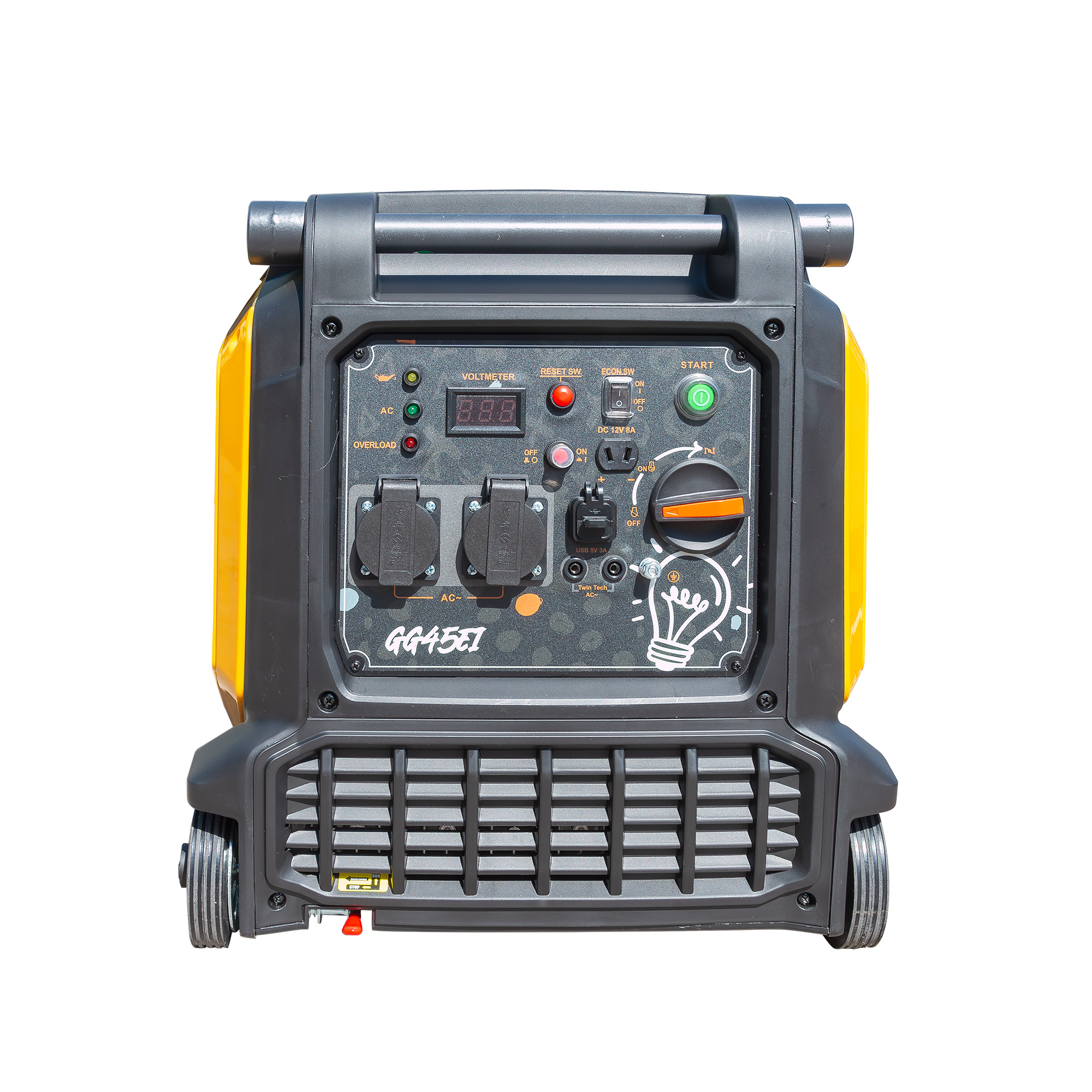 Un generador amarillo y negro con ruedas y panel de control con enchufes.