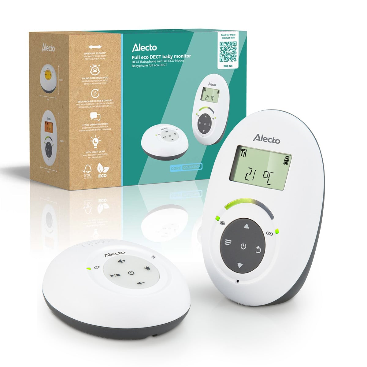 Alecto Babyphone mit Elterneinheit und Babyeinheit. Auf weißem Hintergrund.