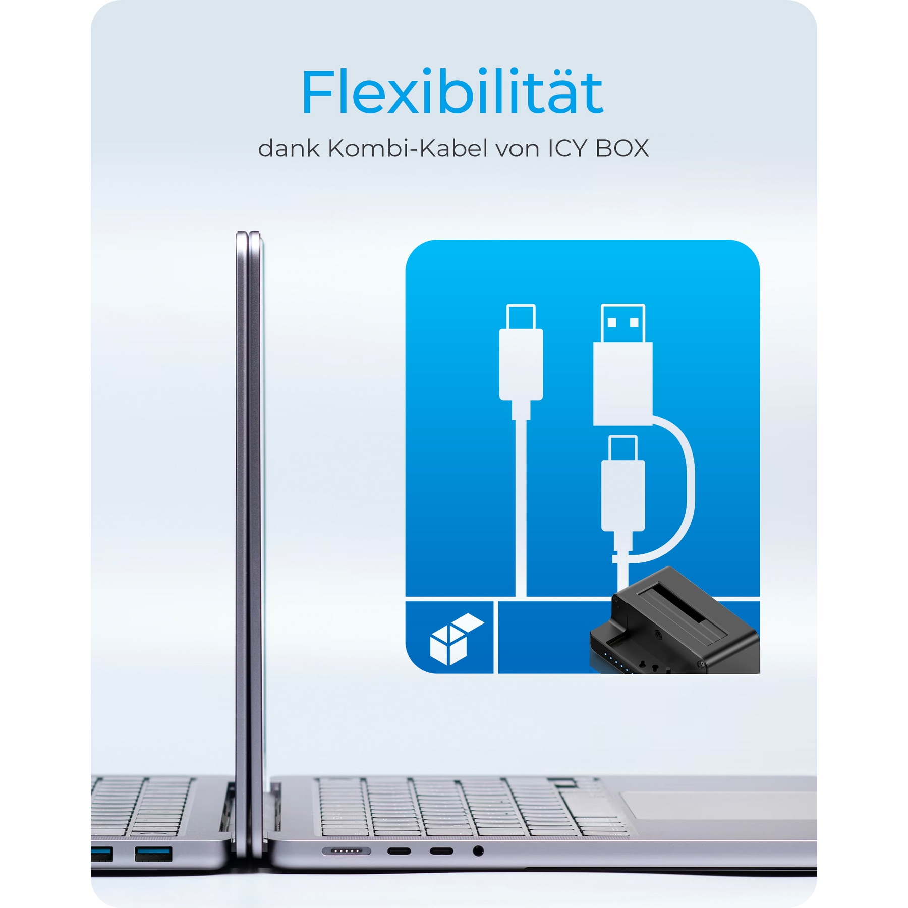 Deux ordinateurs portables côte à côte, avec une icône bleue montrant des câbles et un adaptateur d'accueil.
