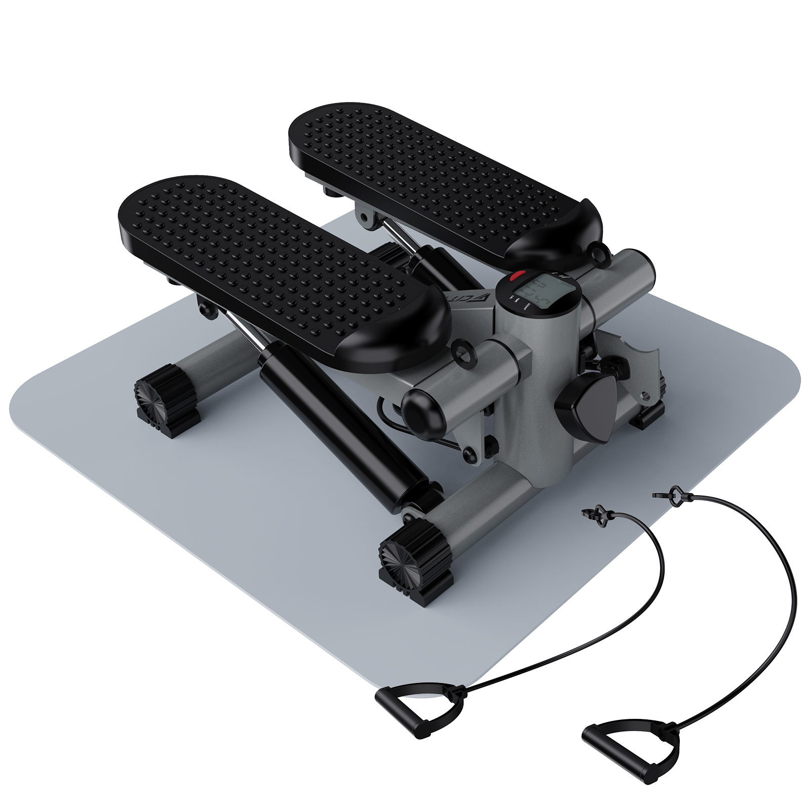 Ein kompakter Stepper mit Pedalen, einem Display und Widerstandsbändern.