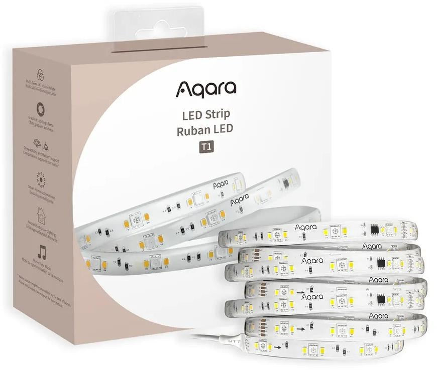 Scatola striscia LED Aqara T1 con più strisce LED avvolte in luce bianca e gialla.