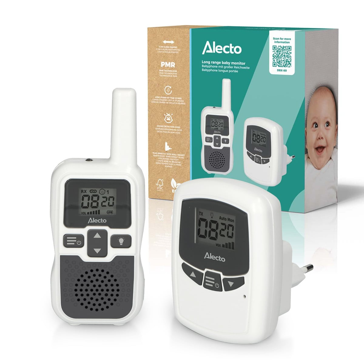 Twee witte Alecto babyfoon units, één met antenne, voor een doos.