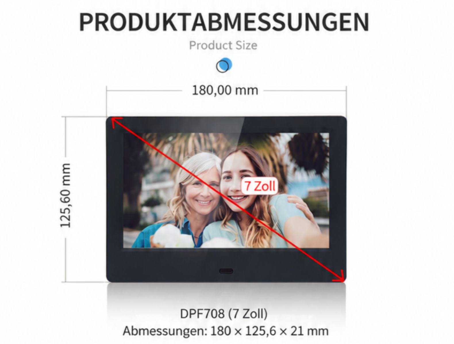 Ein digitales Bilderrahmen mit zwei Frauen und Maßen 180 x 125,6 x 21 mm.