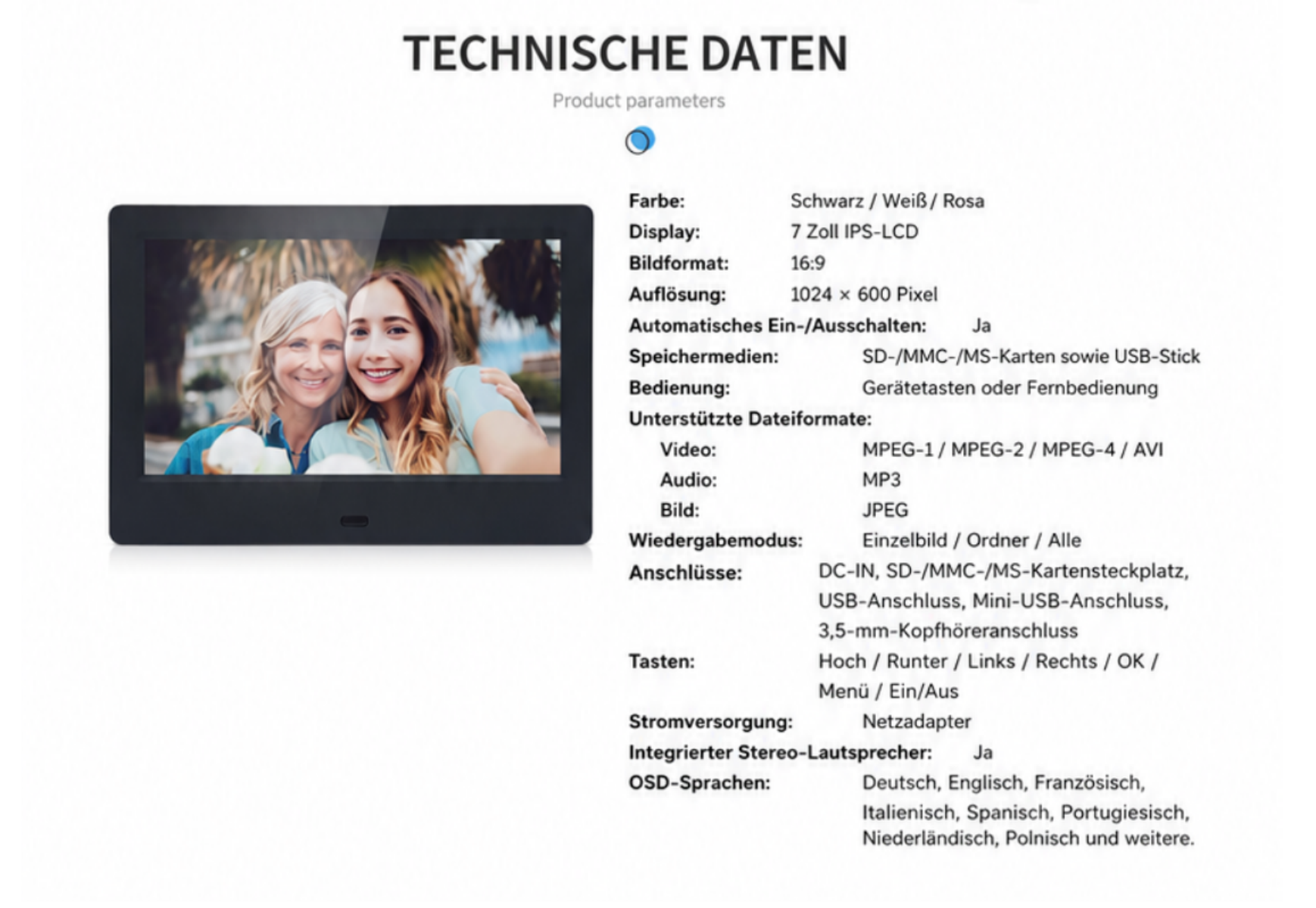 Digitaler Bilderrahmen mit zwei lächelnden Frauen, technischen Daten daneben.