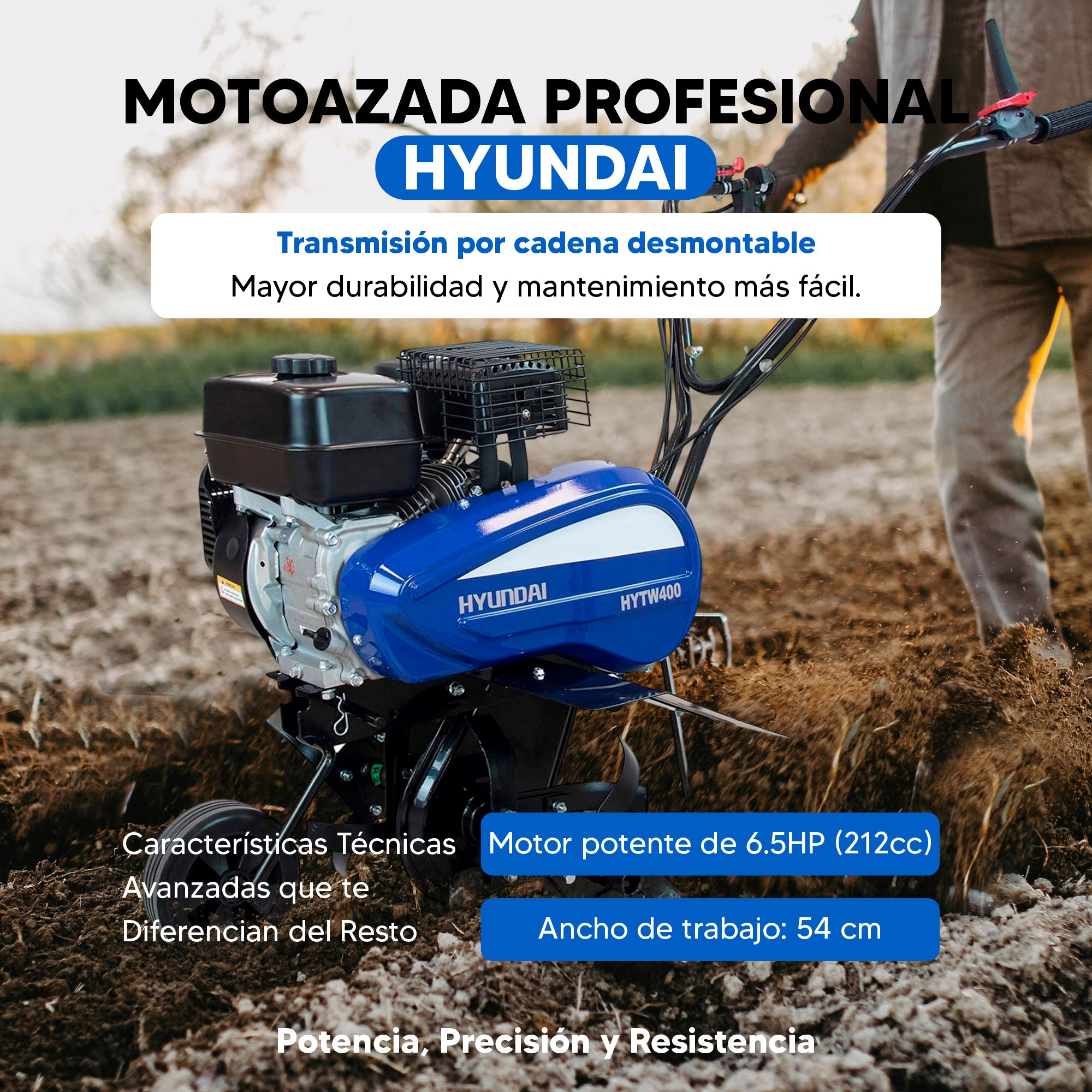 Una motoazada profesional Hyundai con motor de 6.5HP operando en un campo.