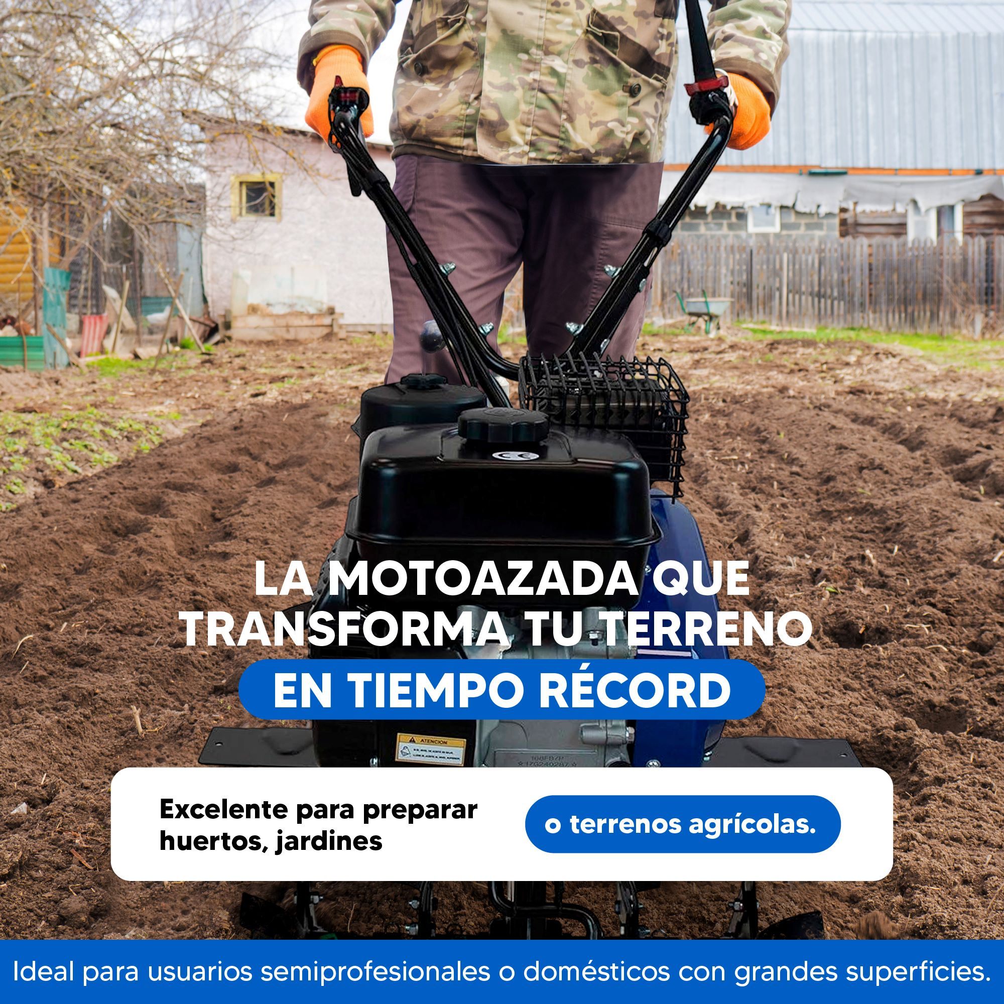 Un hombre con chaqueta de camuflaje y guantes naranjas opera una motoazada azul.