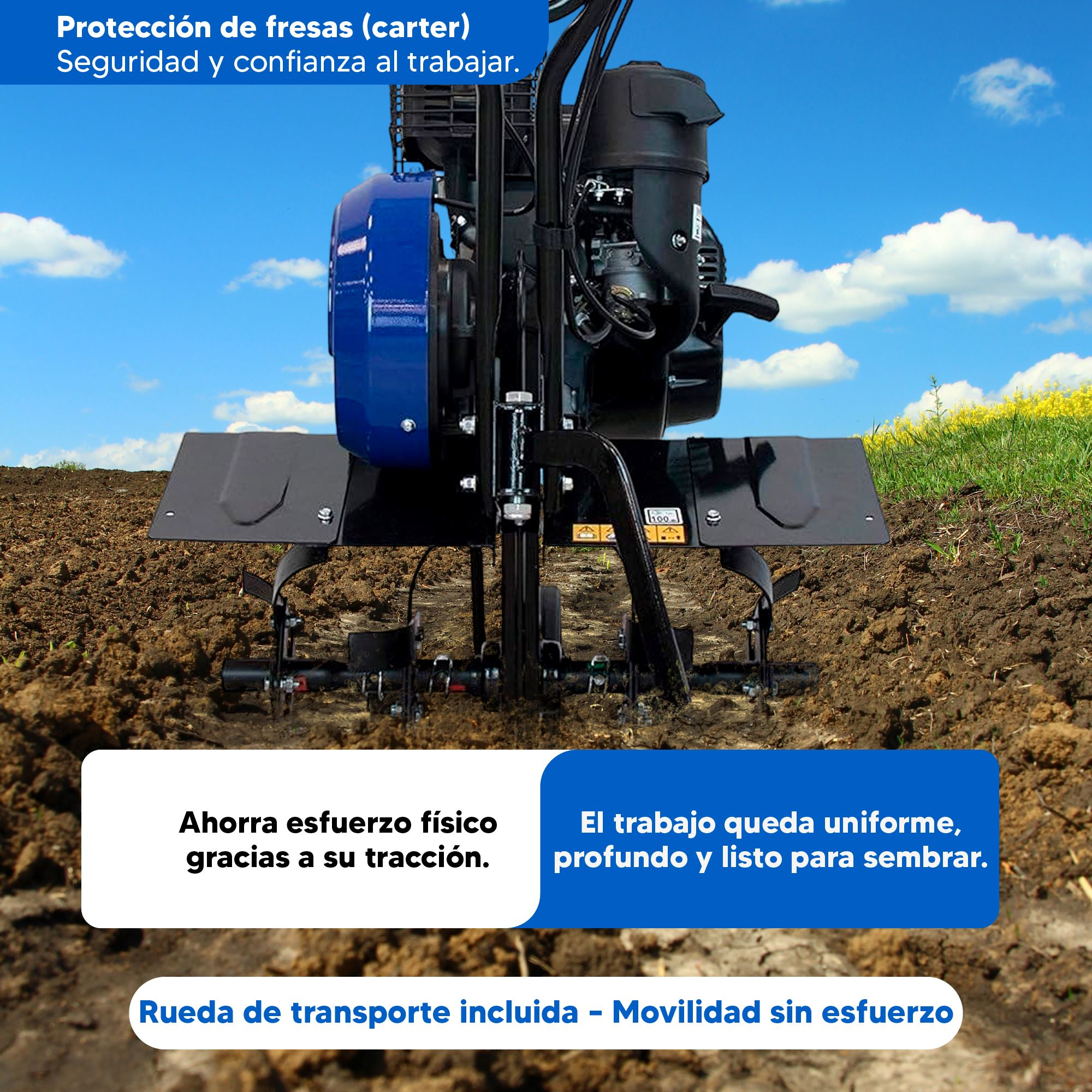 Una motoazada azul y negra está sobre tierra arada bajo un cielo azul.
