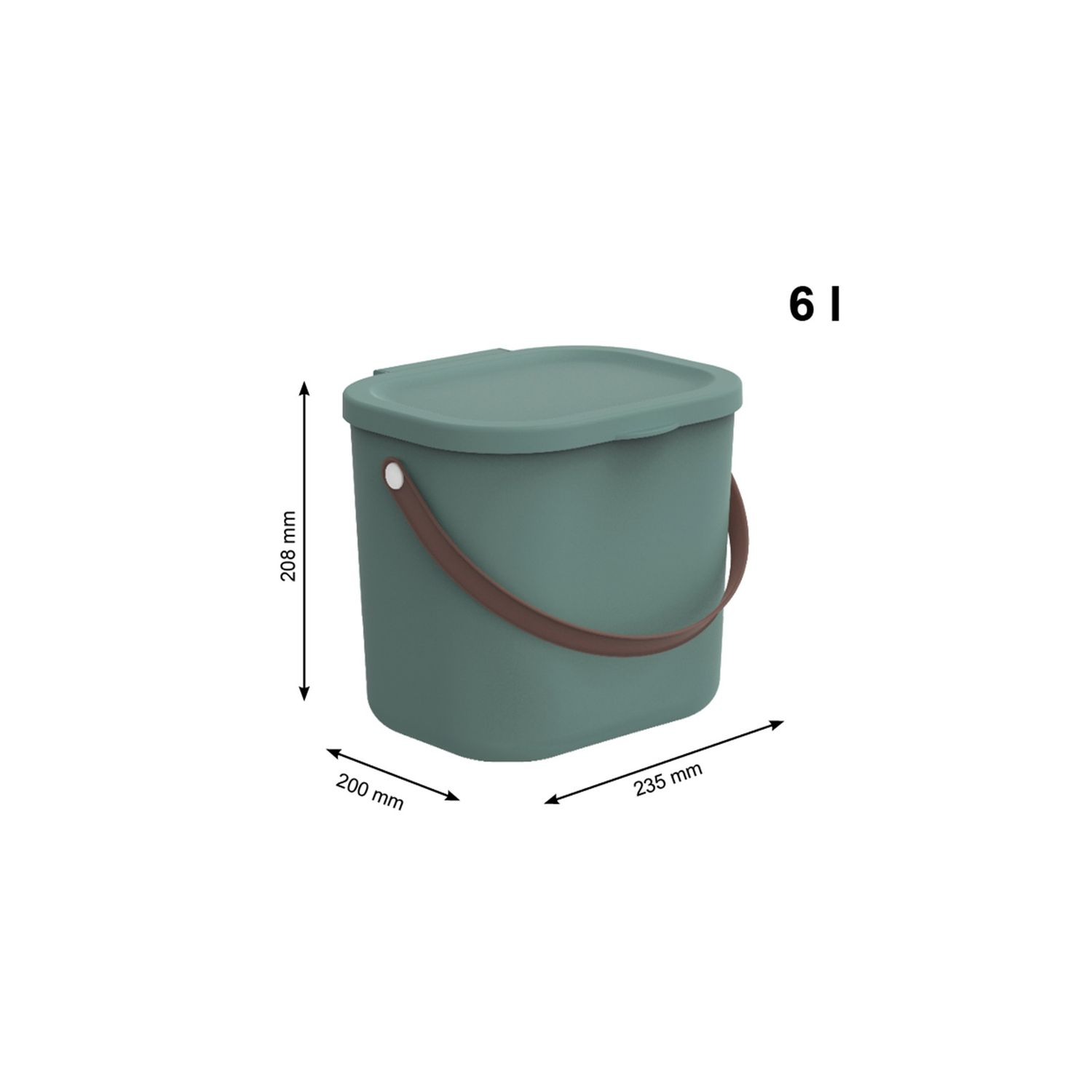 Zielony pojemnik 6L z brązowym uchwytem, wymiary 200x235x208mm.