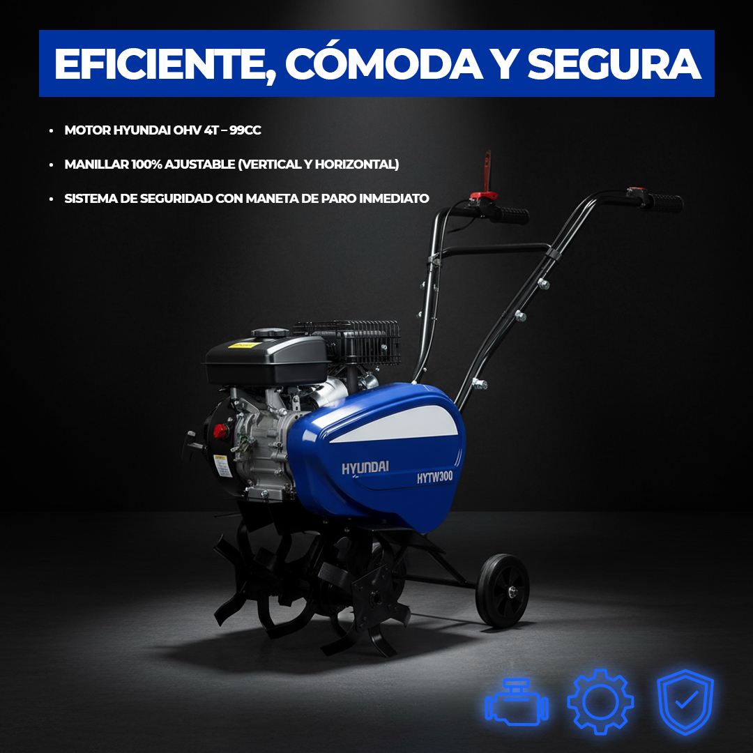 Una motoazada Hyundai azul con rotores y ruedas negras, sobre fondo oscuro.