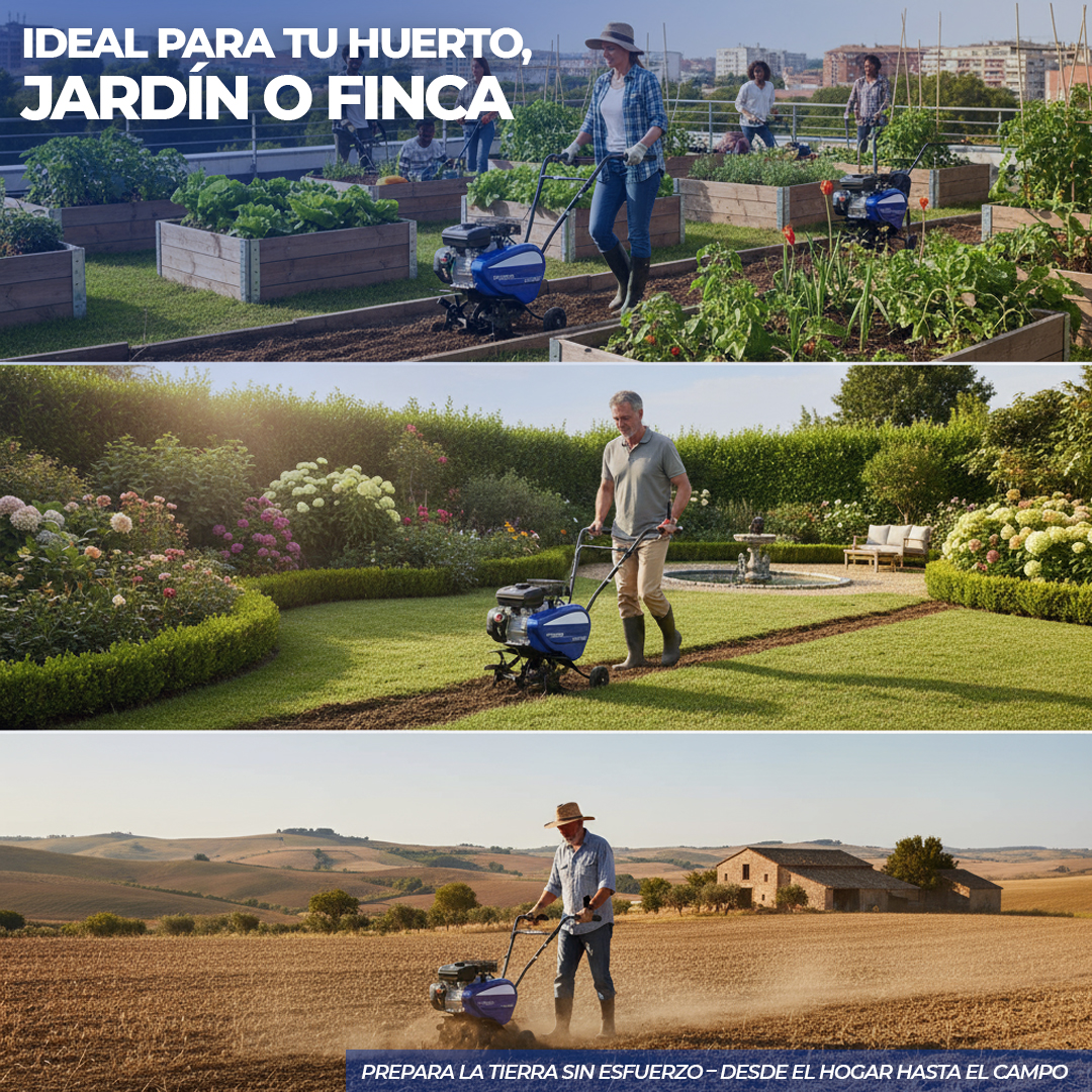Tres escenas de motocultores en jardines y campos. Una mujer, un hombre y un hombre con sombrero.