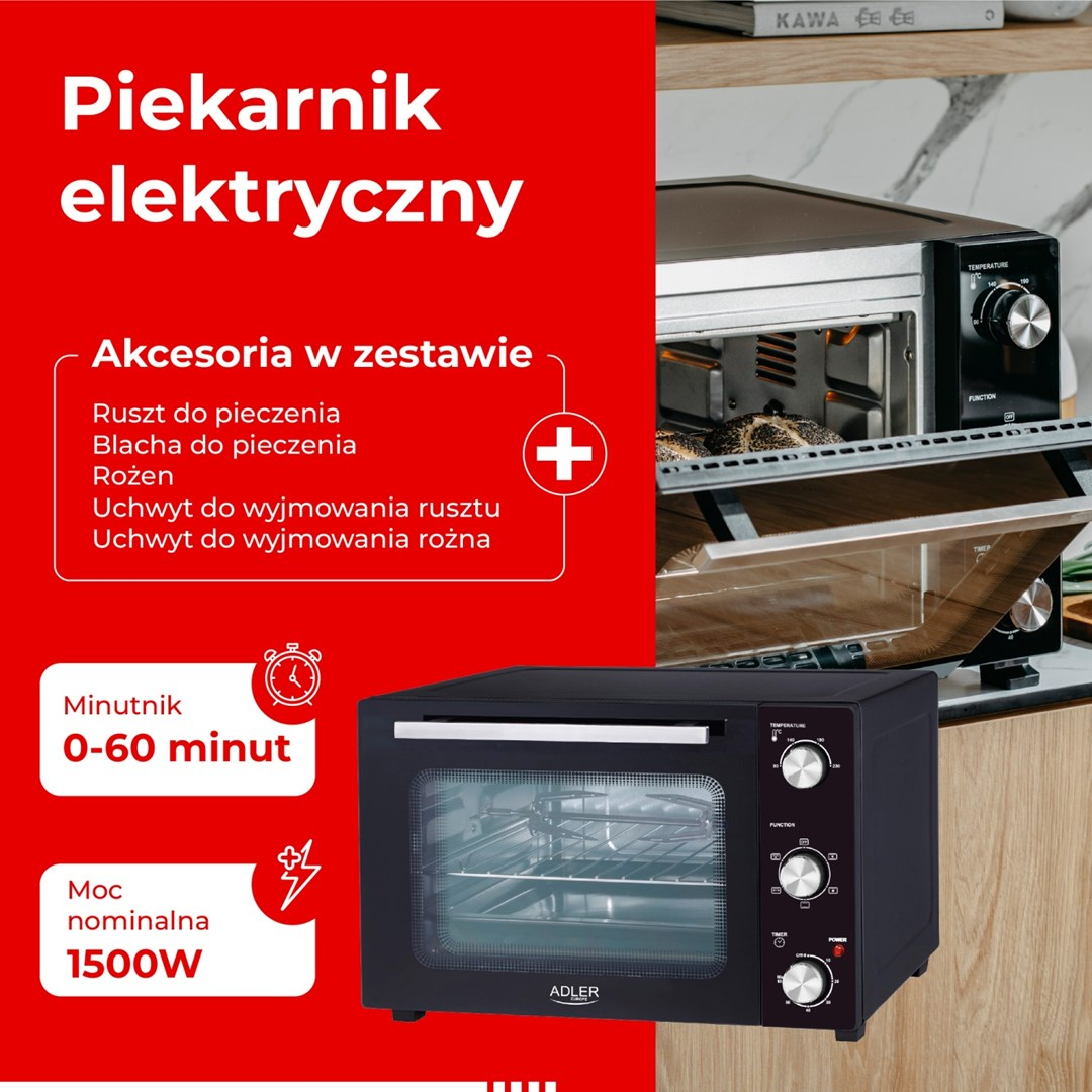 Czarny piekarnik elektryczny z listą akcesoriów i specyfikacją.