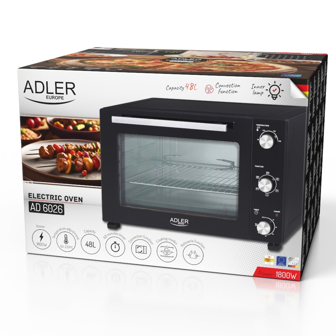 Czarny piekarnik elektryczny Adler AD 6026, pojemność 48L, konwekcja, 5 trybów.