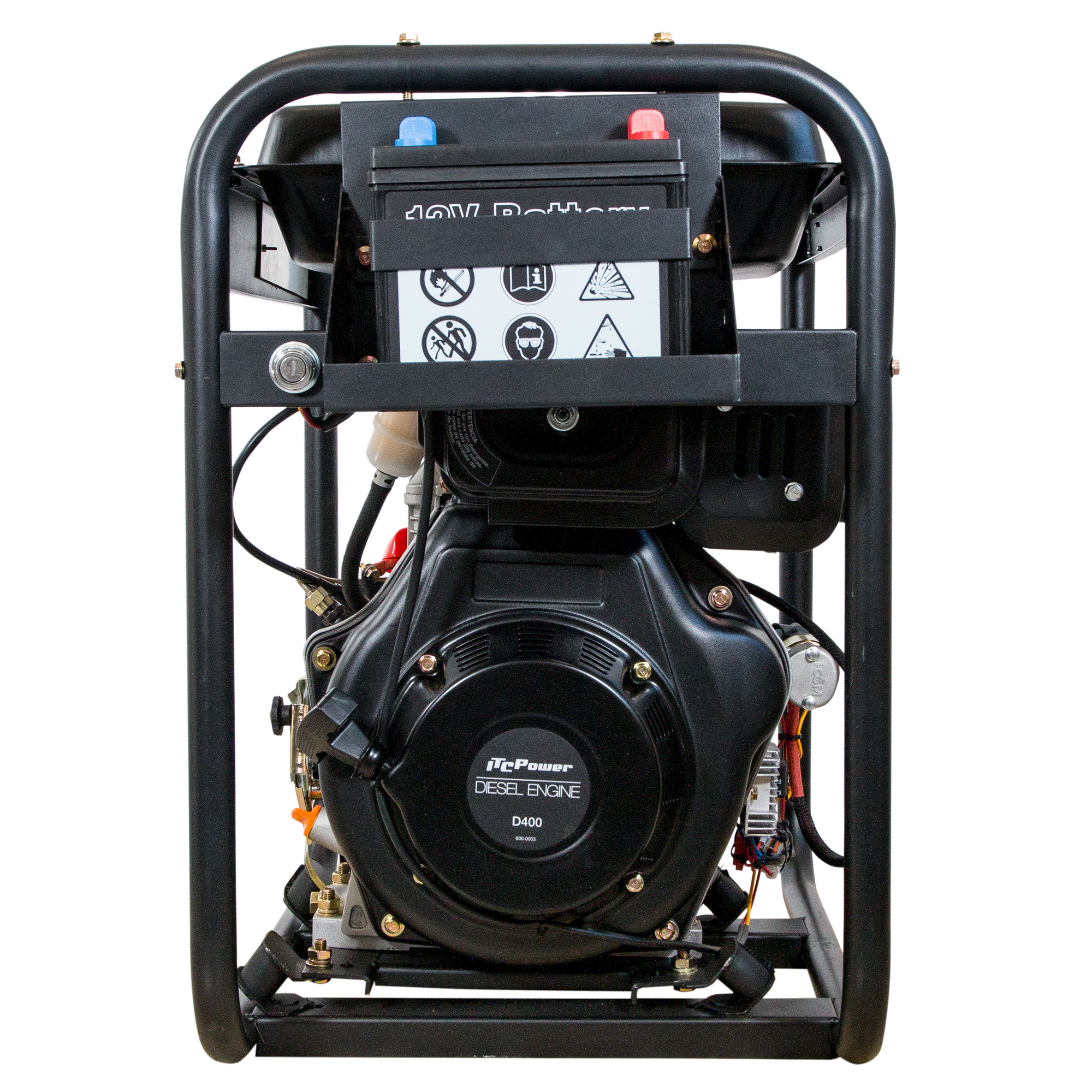 Un motor diésel negro con un marco de metal negro y una batería.