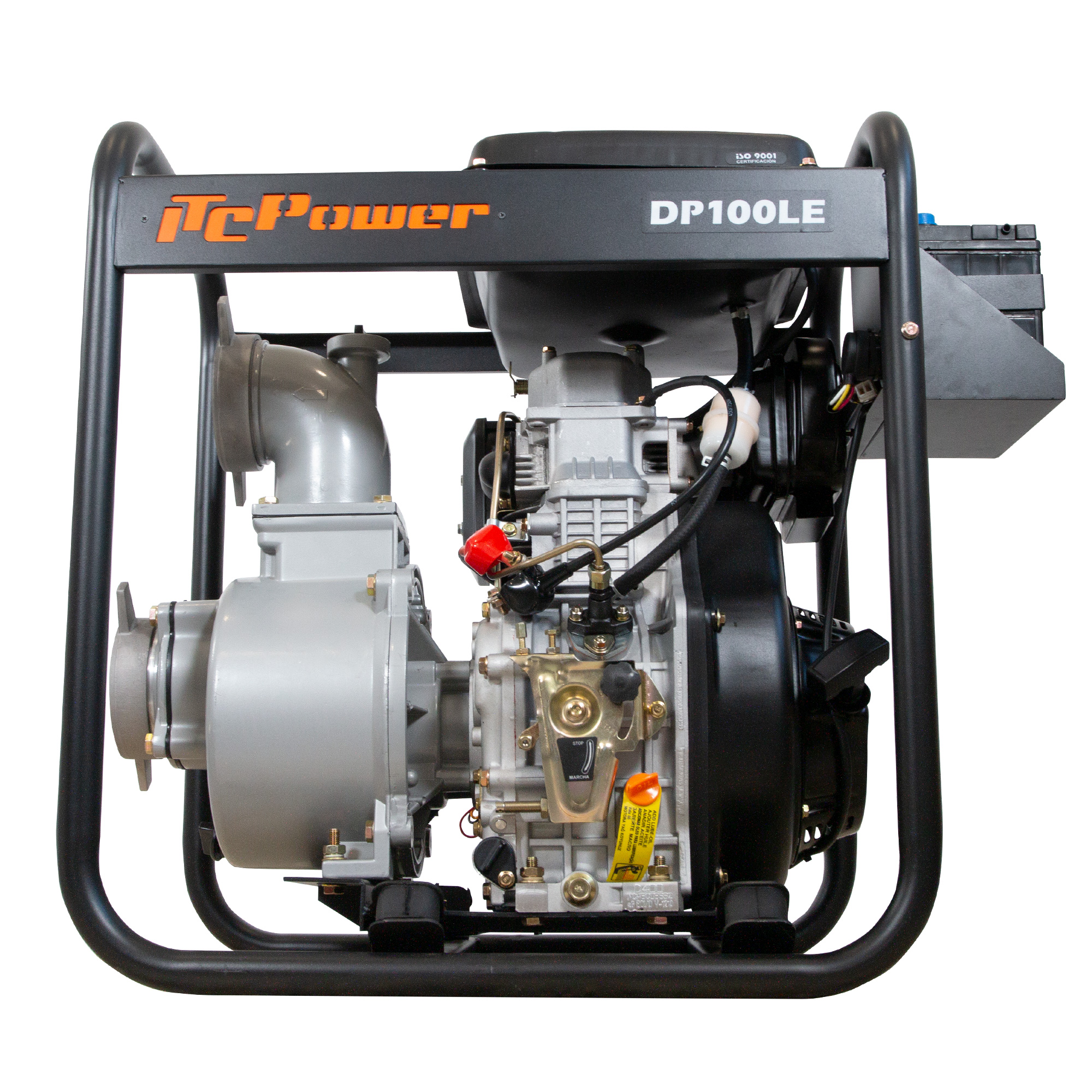 Un motor de bomba de agua portátil TcPower DP100LE con logo naranja, sobre un marco metálico negro.