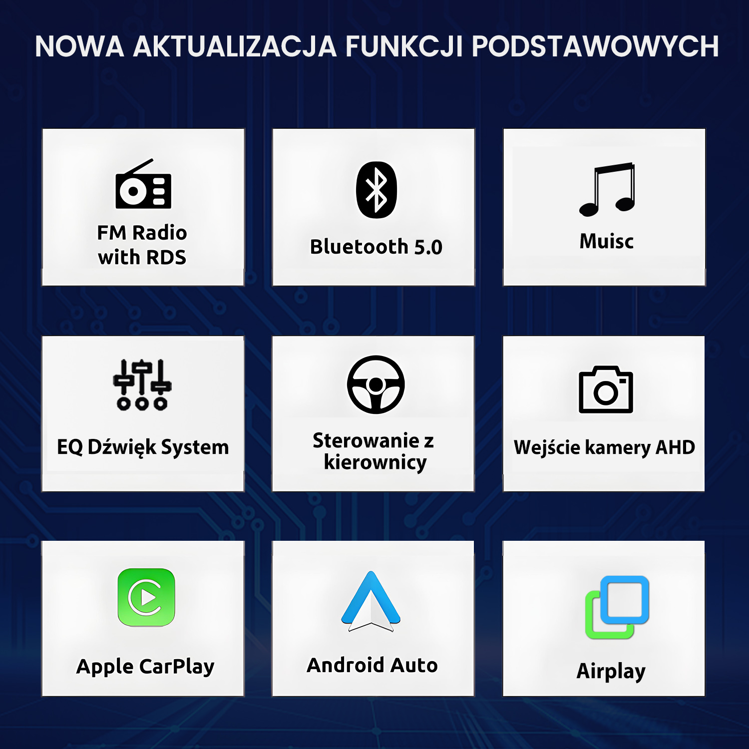 Nowa aktualizacja: Funkcje podstawowe jak Radio, Bluetooth, Muzyka, EQ, Sterowanie z kierownicy, Kamera, CarPlay, Android Auto, Airplay.