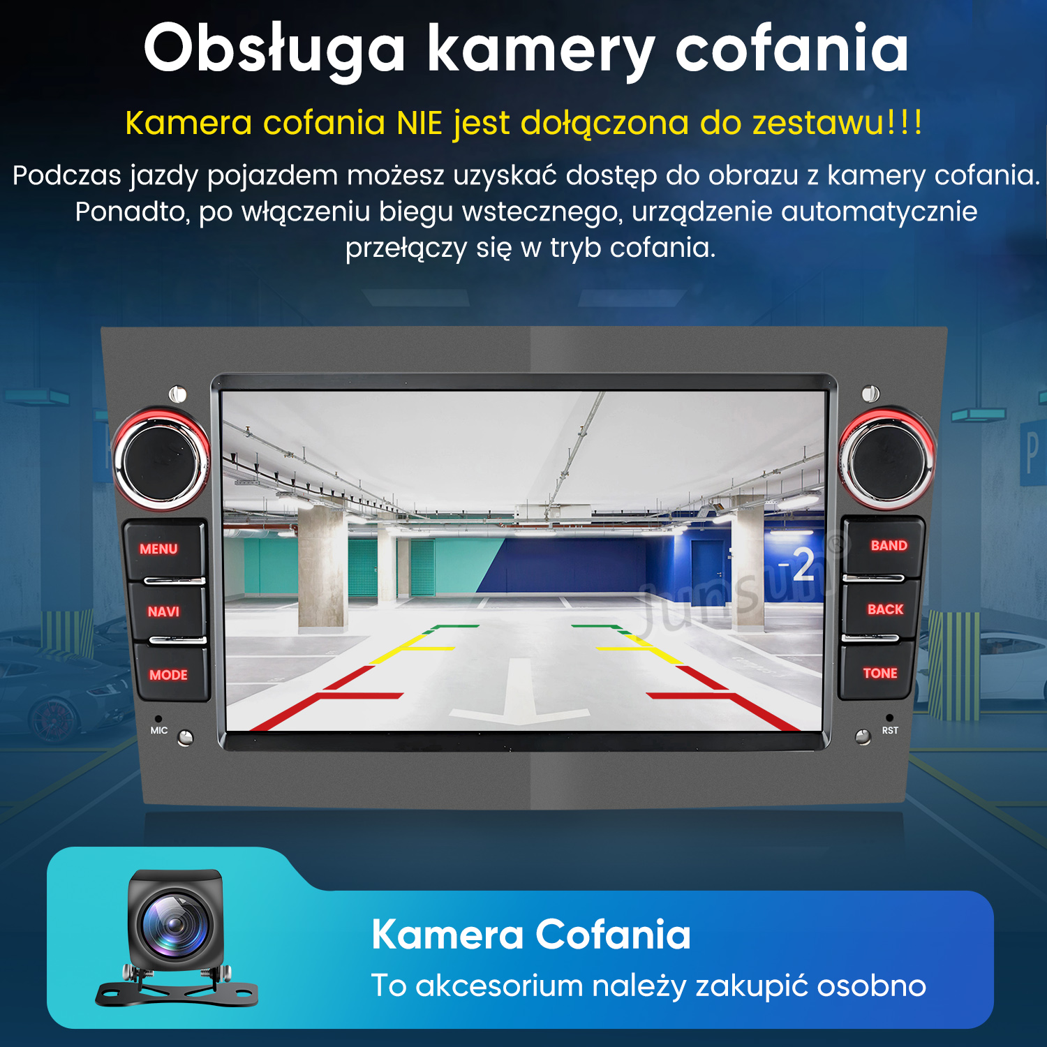 Widok kamery cofania na ekranie radia samochodowego z liniami parkowania.
