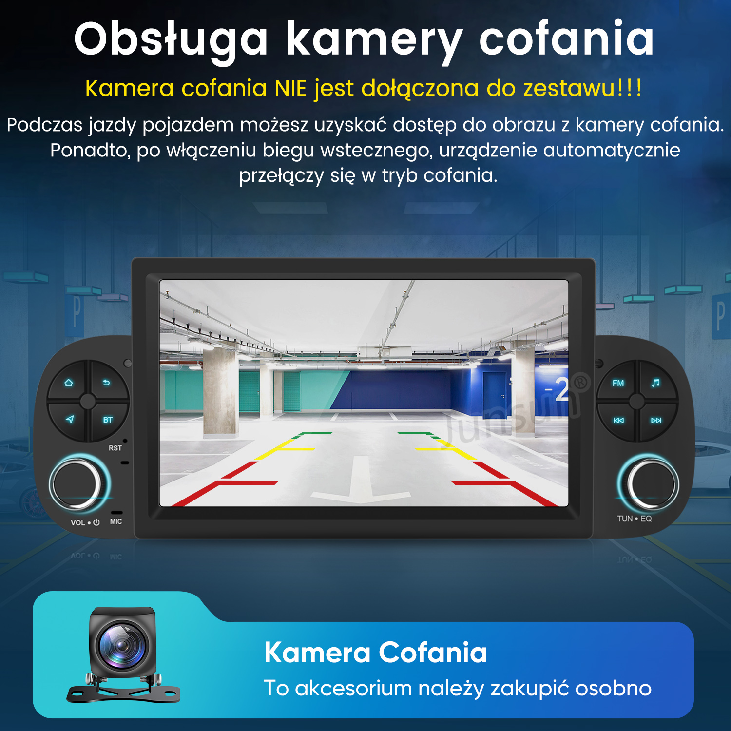 Wyświetlacz kamery cofania pokazuje parking z liniami pomocniczymi. Kamera sprzedawana osobno.