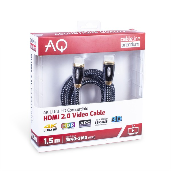 Kabel HDMI 2.0 o długości 1,5m w opakowaniu marki AQ, obsługuje 4K Ultra HD, HDR, ARC i 3D.