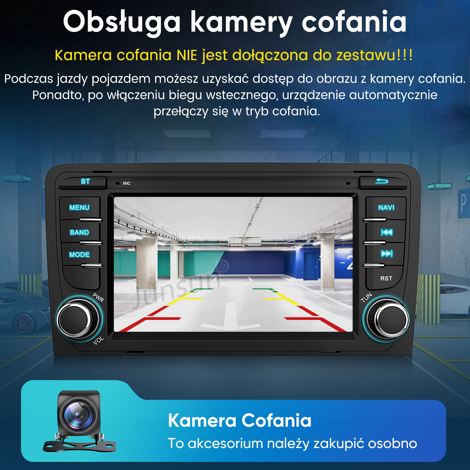 Radio samochodowe pokazuje widok parkingu z kamery cofania. Pokazano osobną kamerę.