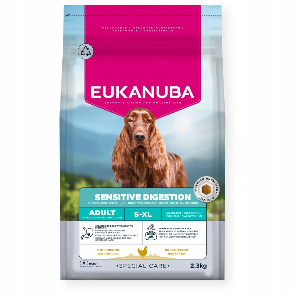 Opakowanie karmy dla psów Eukanuba z Cocker Spaniel, dla wrażliwego trawienia.