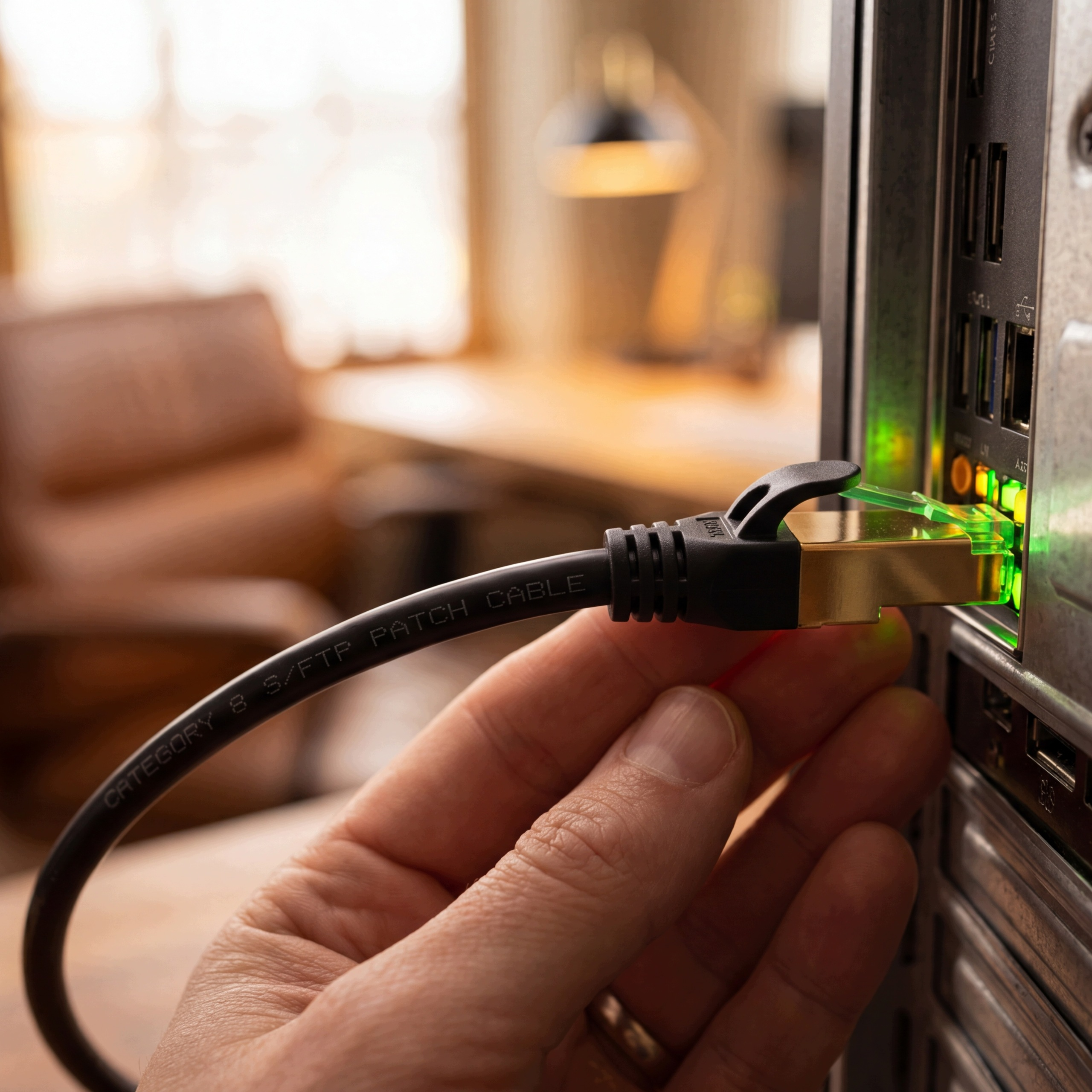 Dłoń wkłada kabel Ethernet do komputera. Zielone światła się świecą.