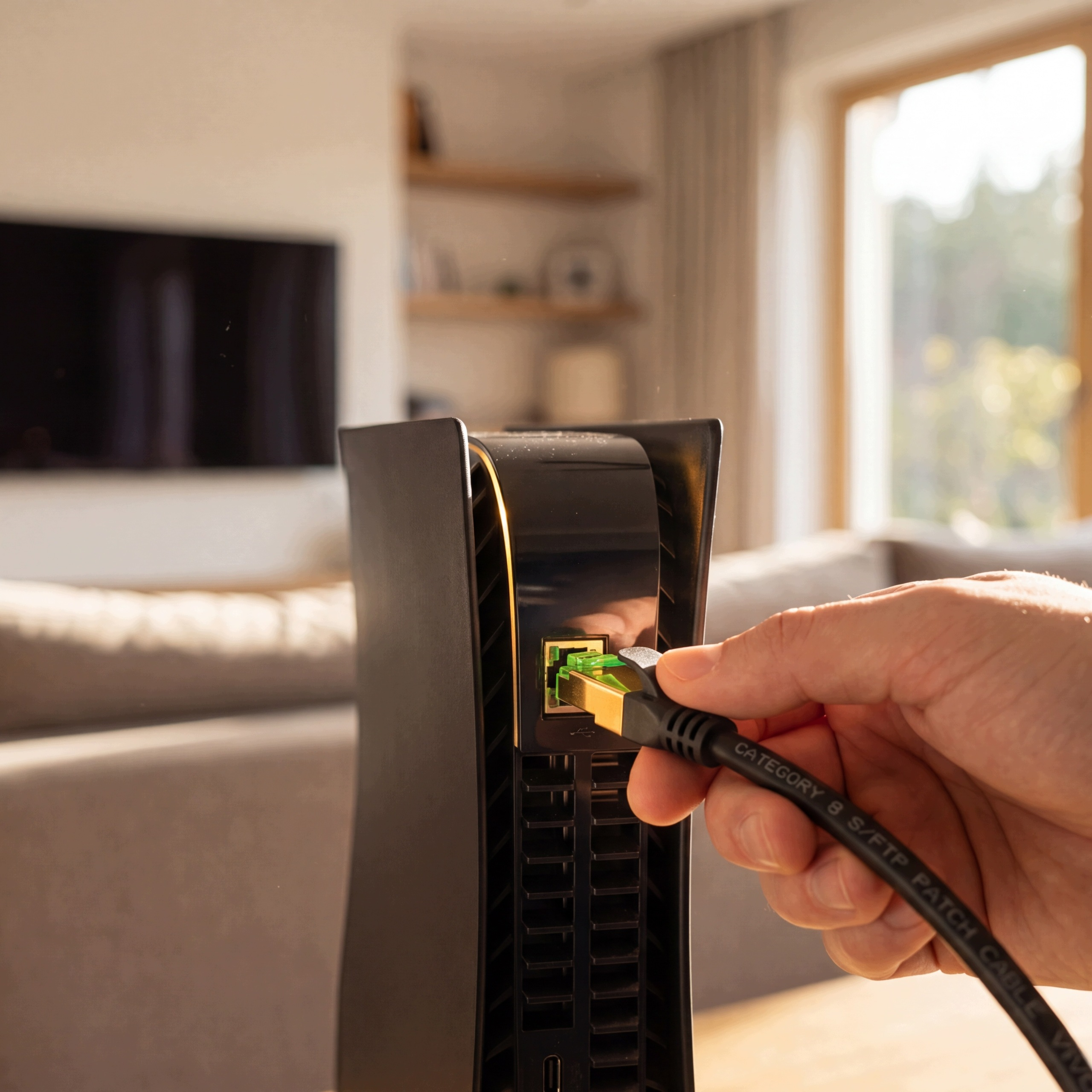 Dłoń wkłada kabel sieciowy do czarnego portu konsoli. Rozmyte tło.