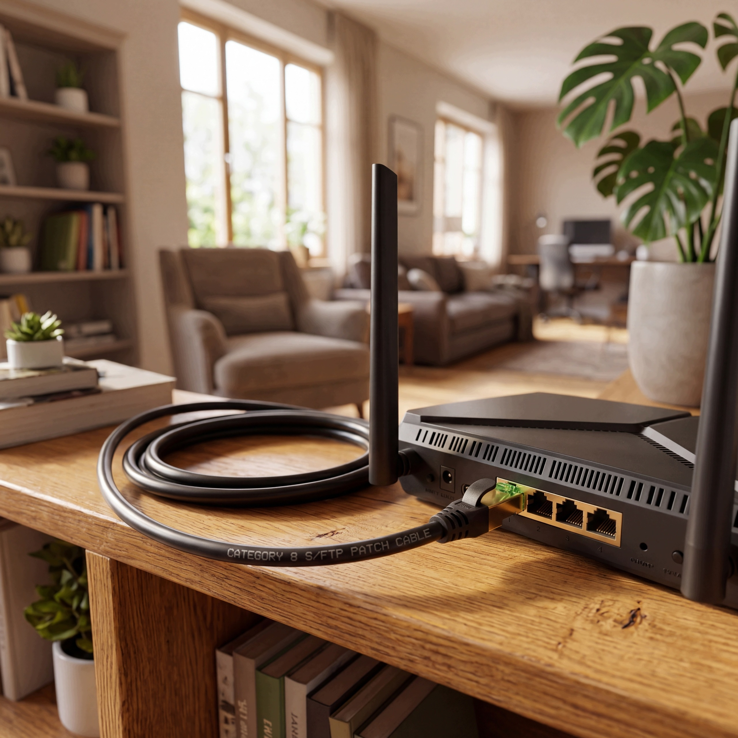 Router z kablami i antenami na drewnianym stole, w tle salon.