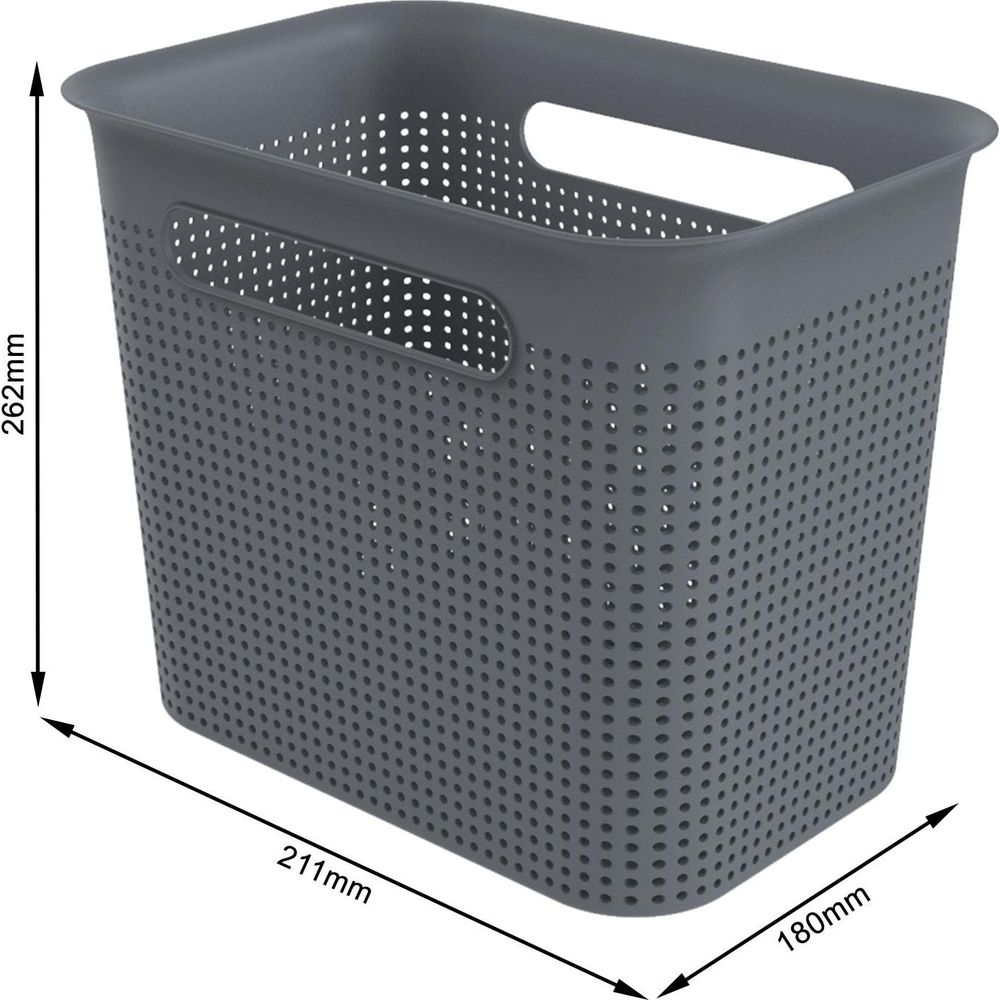 Szary perforowany plastikowy kosz z uchwytami, wymiary 26,2 x 21,1 x 18 cm.