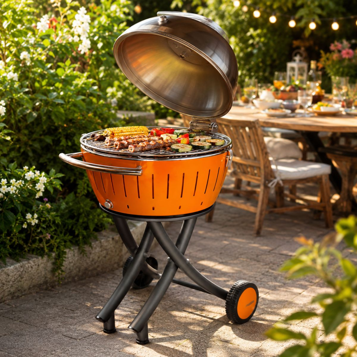 Otwarty pomarańczowy grill z gotującym się jedzeniem, w ogrodzie.