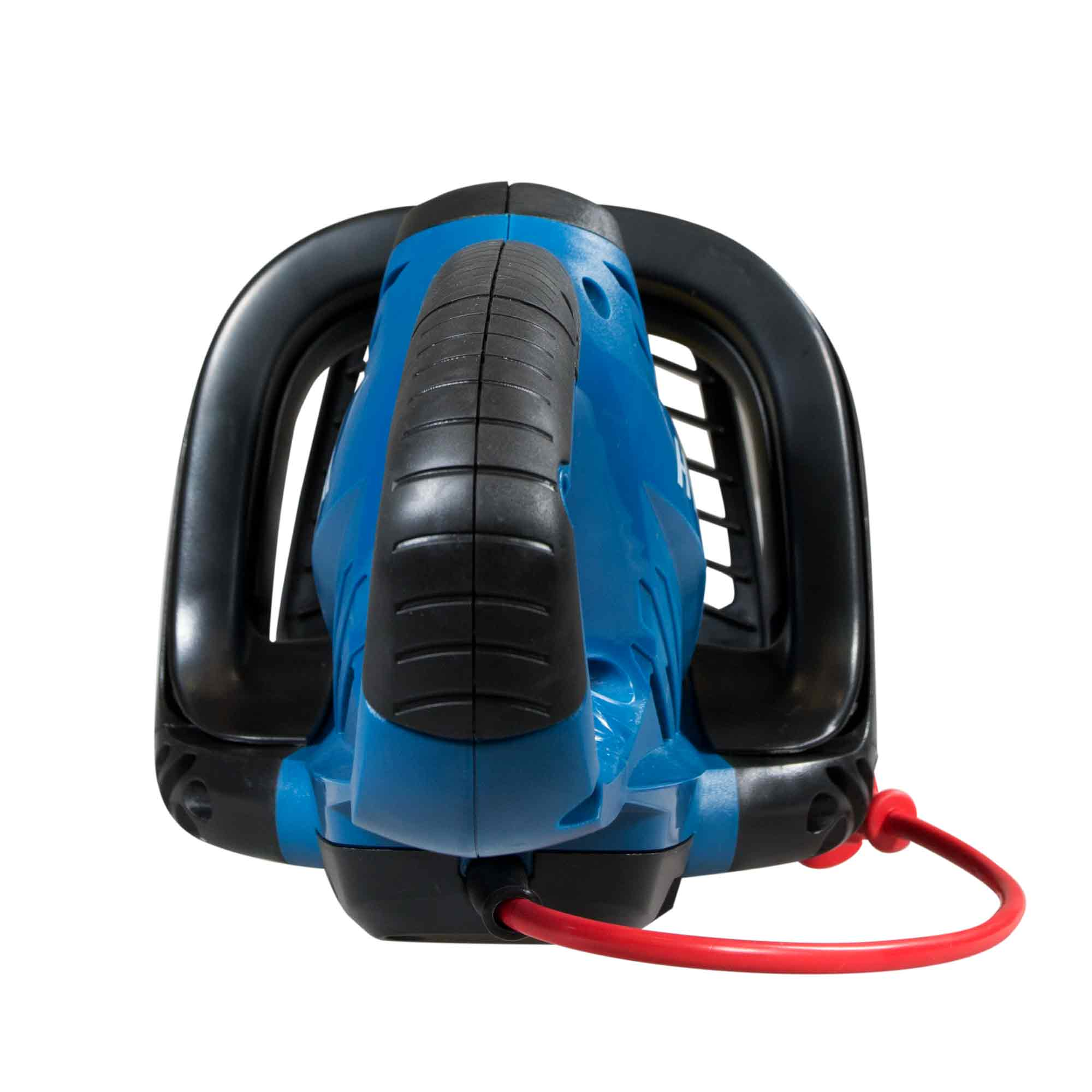 Un cortasetos azul y negro con cable rojo.