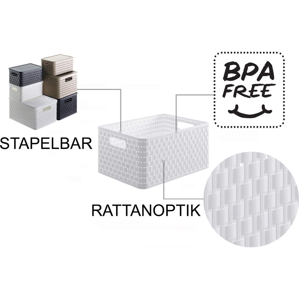 Sztaplowane kosze imitujące rattan, bez BPA.