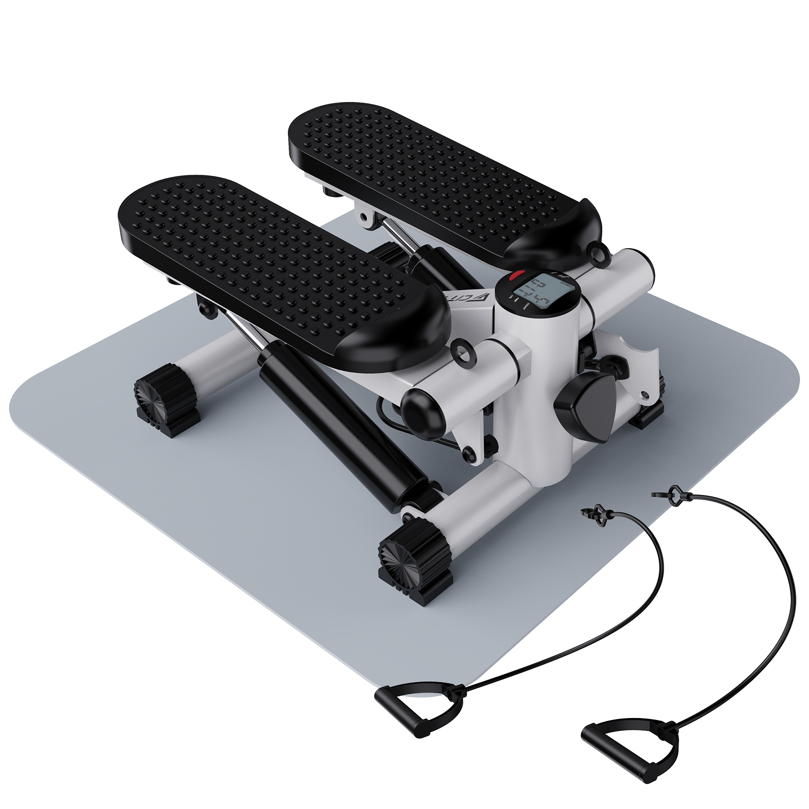Ein weißer Stepper mit schwarzen Pedalen und Seilen auf einer grauen Matte.