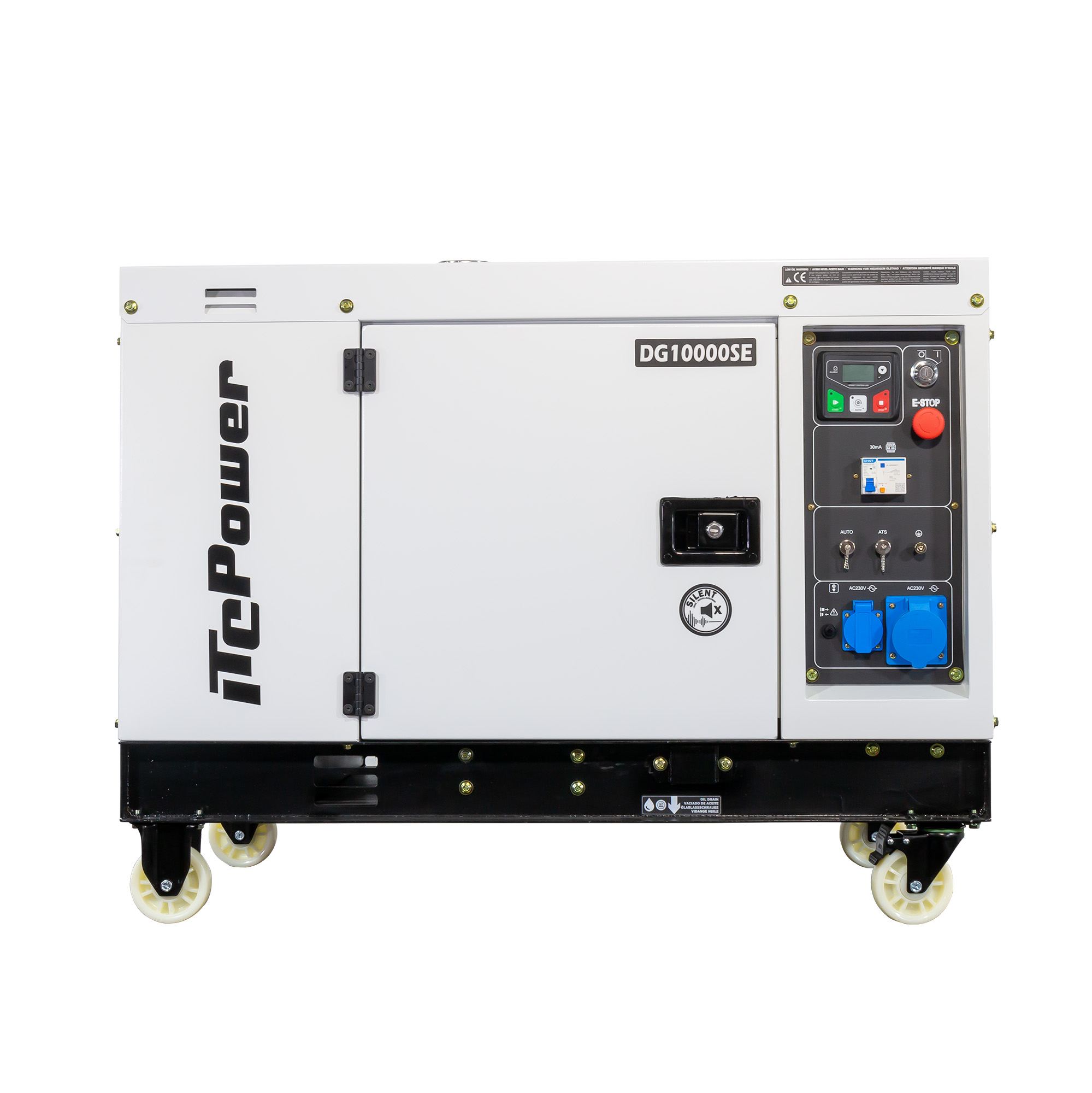Un generador blanco con ruedas y logo TC Power negro. Panel de control con botones y enchufes.