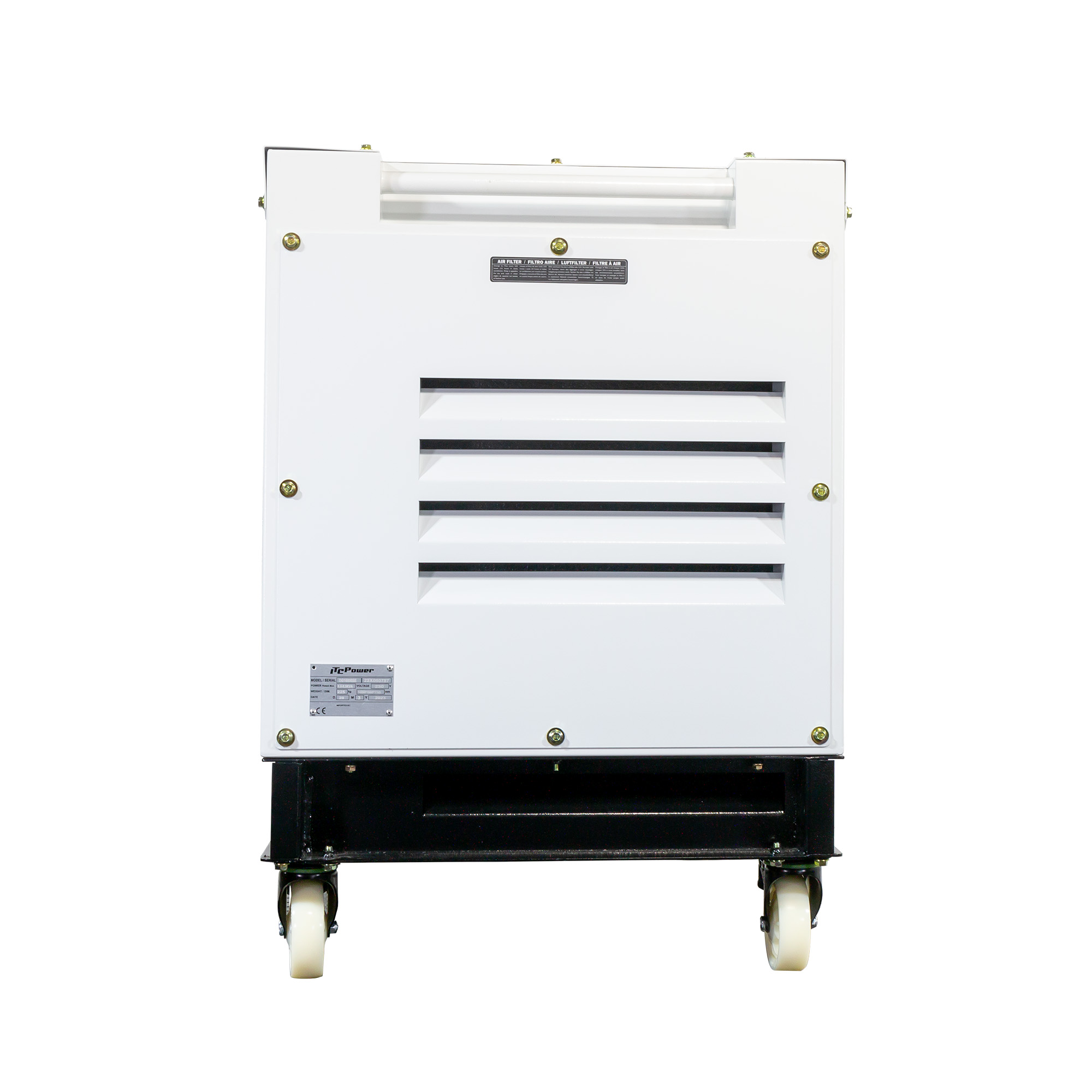 Un generador blanco con ruedas y rejillas de ventilación.
