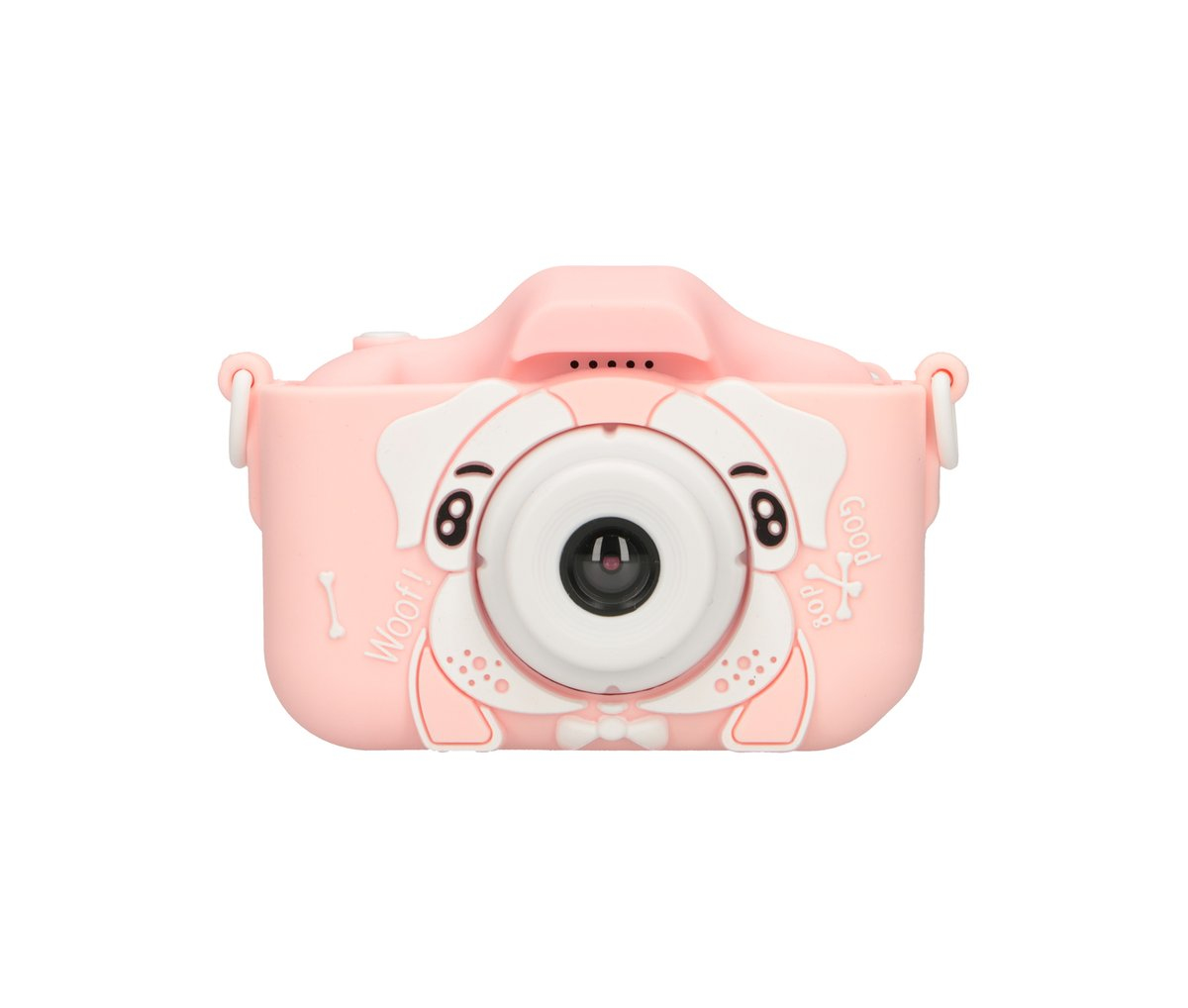 Una fotocamera digitale rosa a forma di cane dei cartoni animati con obiettivo al centro.