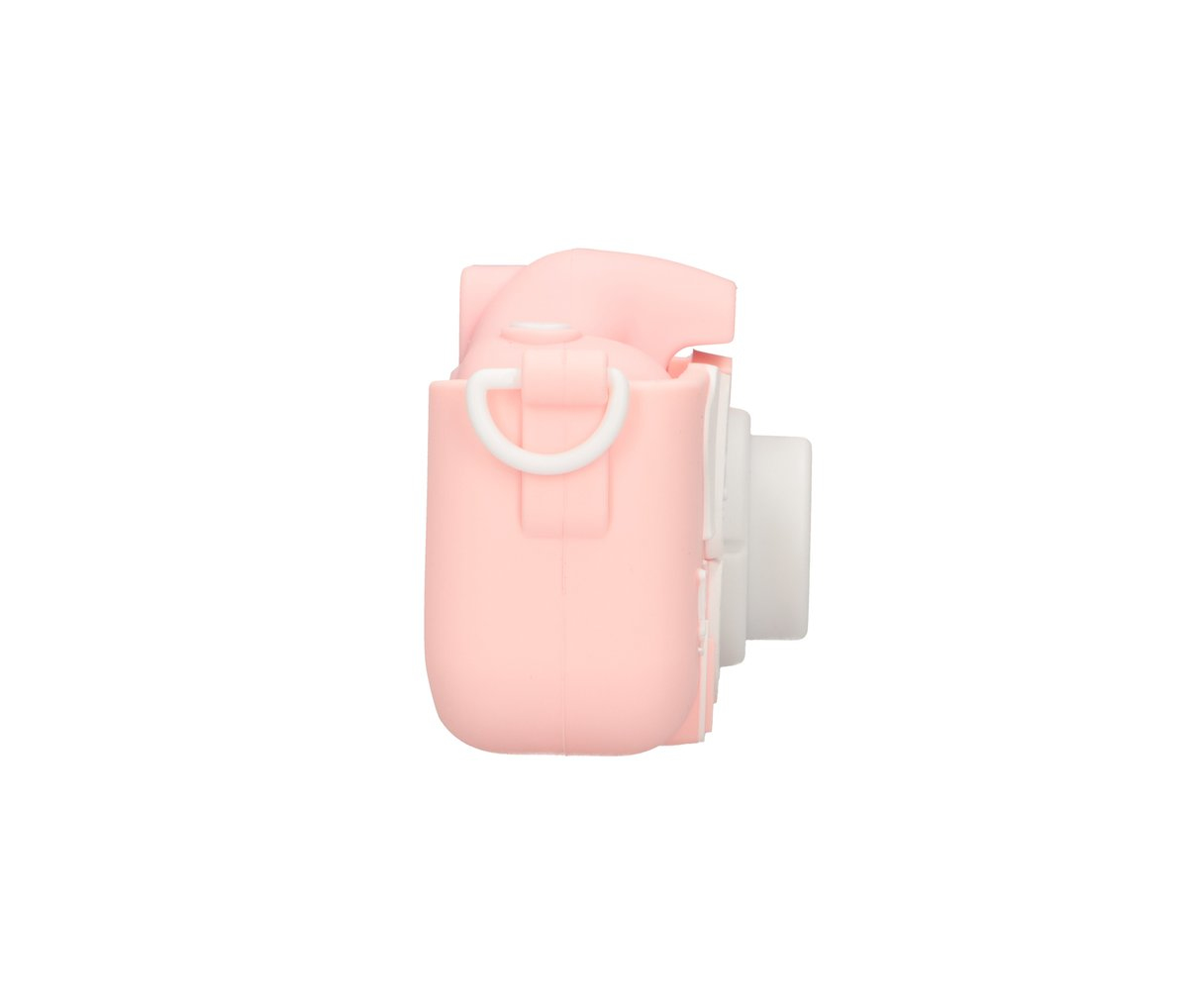 Una fotocamera istantanea rosa con obiettivo bianco, su sfondo bianco.