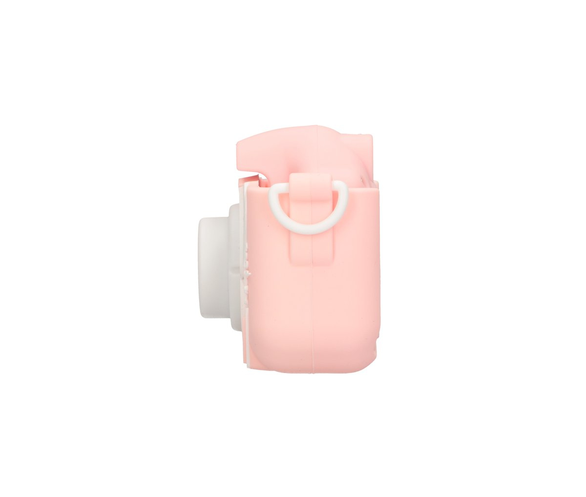 Una fotocamera rosa con obiettivo bianco e porta cinturino.