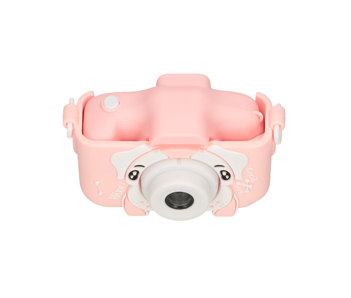 Una fotocamera rosa a forma di cane con obiettivo e orecchie bianche.