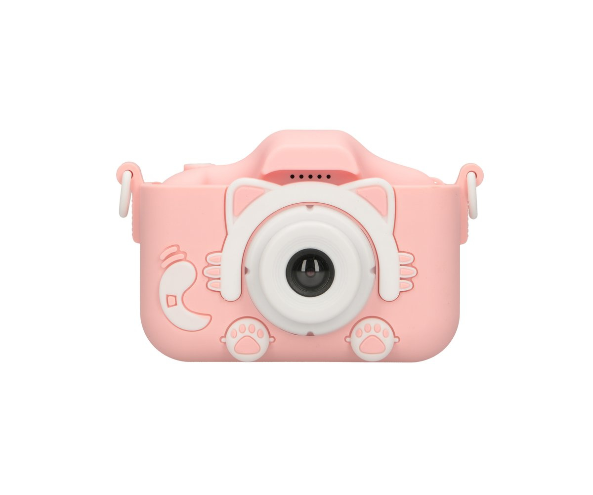 Una fotocamera rosa a tema gatto con impronte di zampe, su sfondo bianco.
