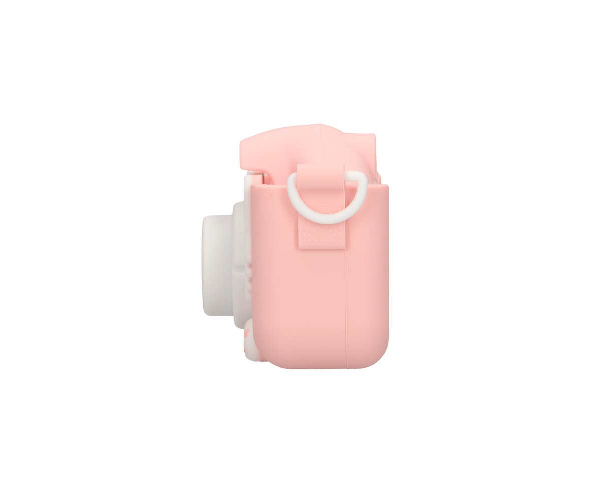 Una fotocamera rosa con obiettivo bianco è mostrata di lato.