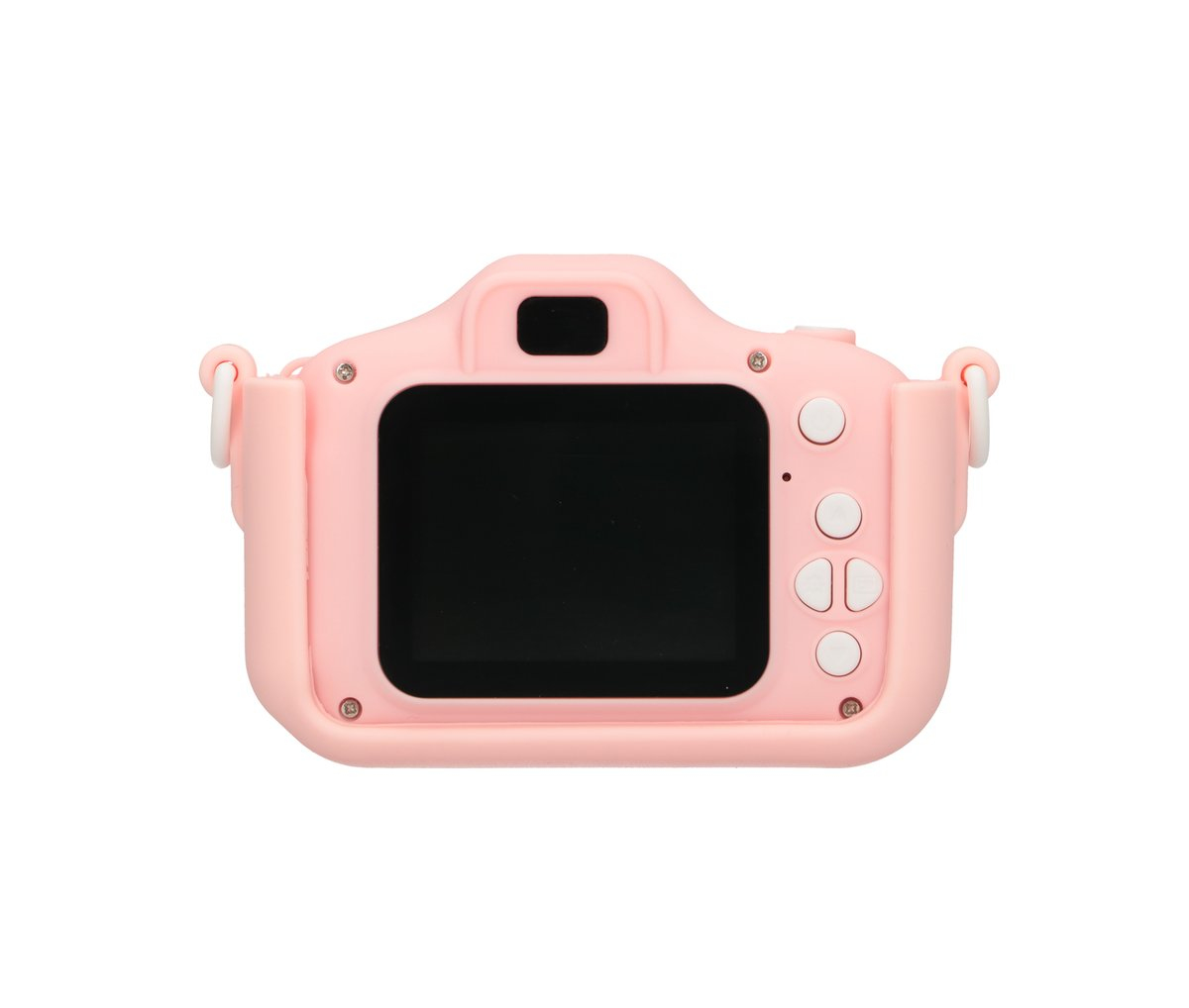 Viene mostrata una fotocamera digitale rosa con schermo nero e pulsanti bianchi.