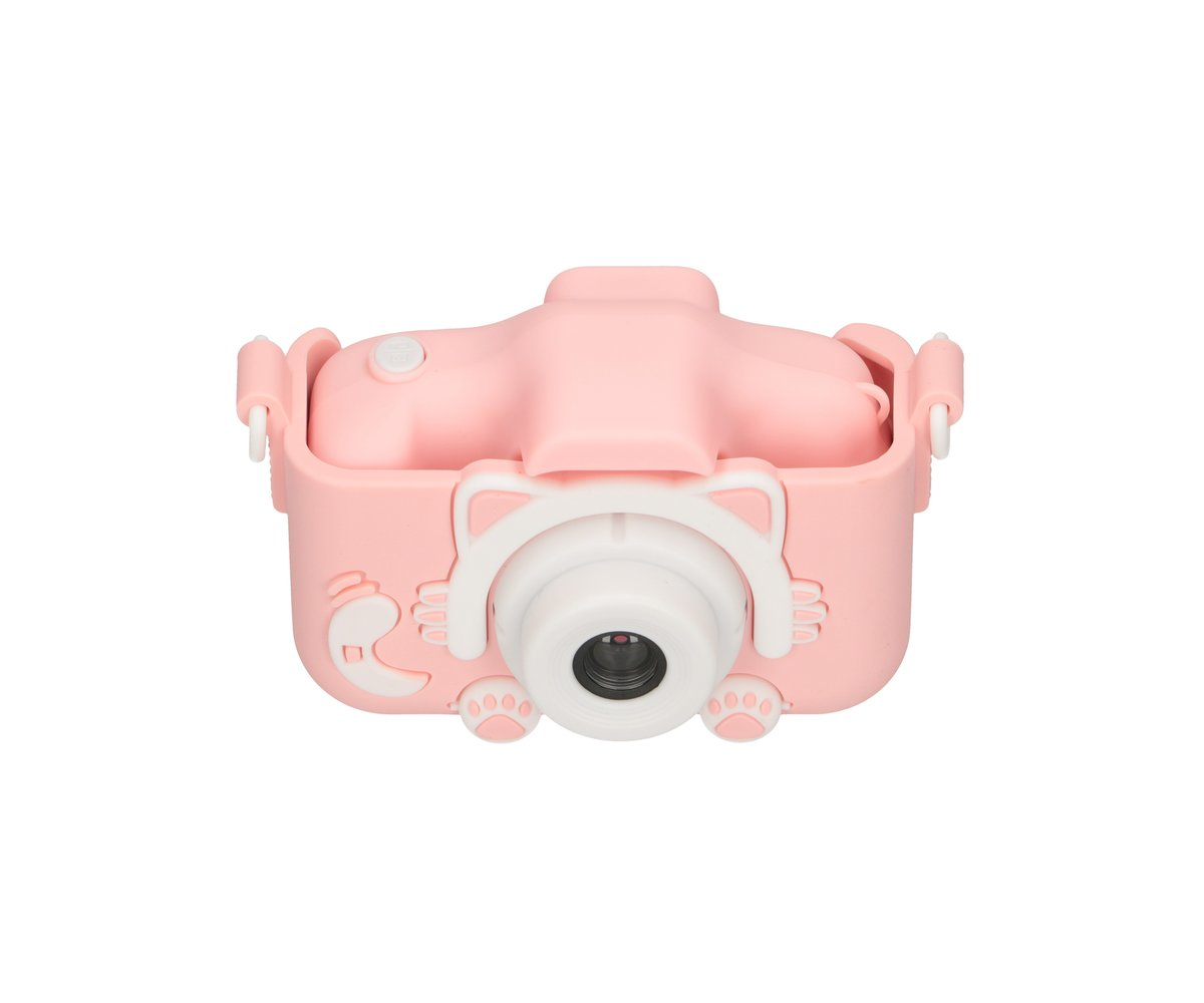 Una fotocamera digitale rosa a forma di gatto con obiettivo e pulsanti.