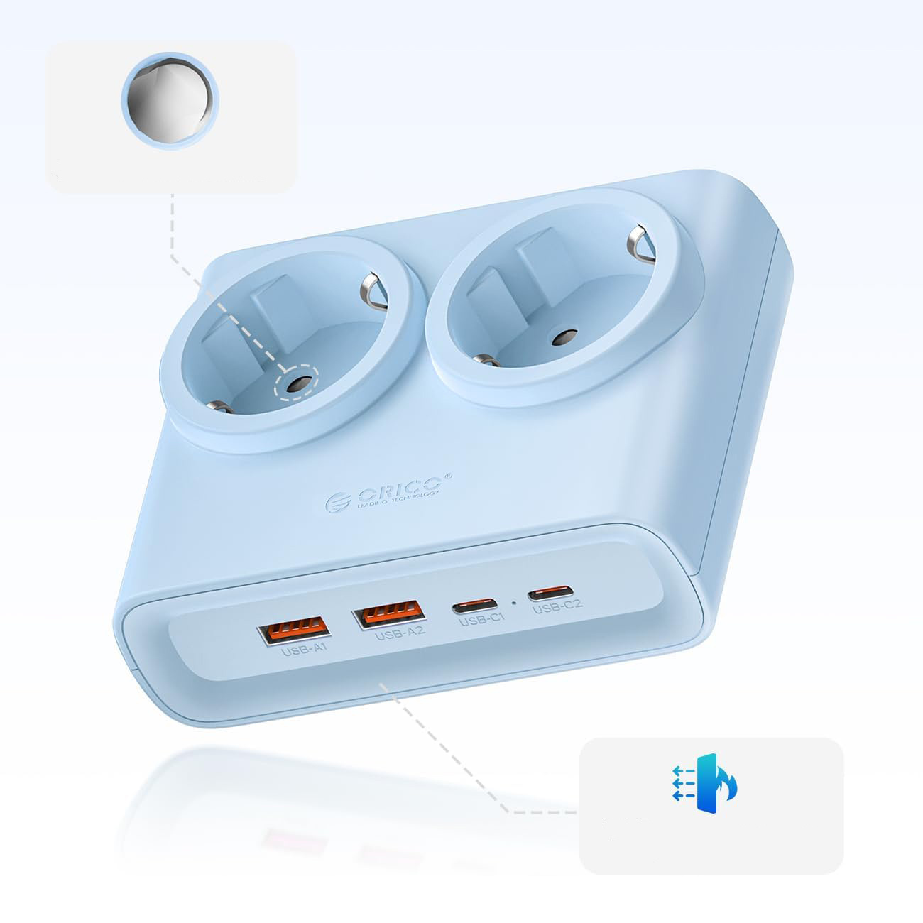 Jasnoniebieska listwa zasilająca z dwoma gniazdami AC i trzema portami USB.