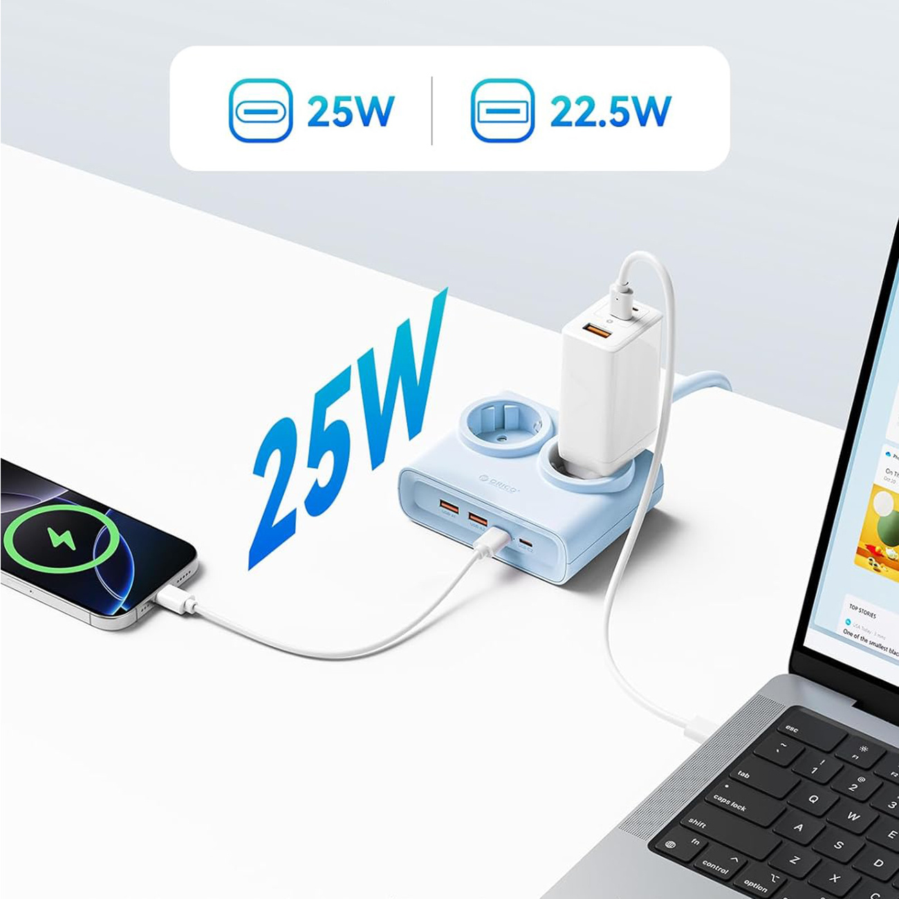 Niebieska listwa zasilająca ładuje telefon i laptopa, widoczne '25W'.