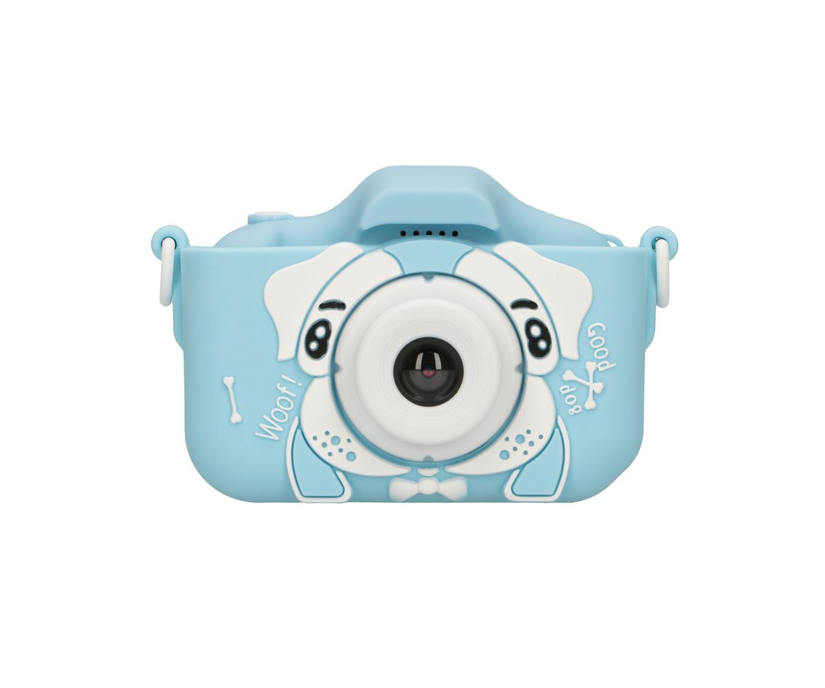 Una macchina fotografica per bambini azzurra con design da cane e tracolla.